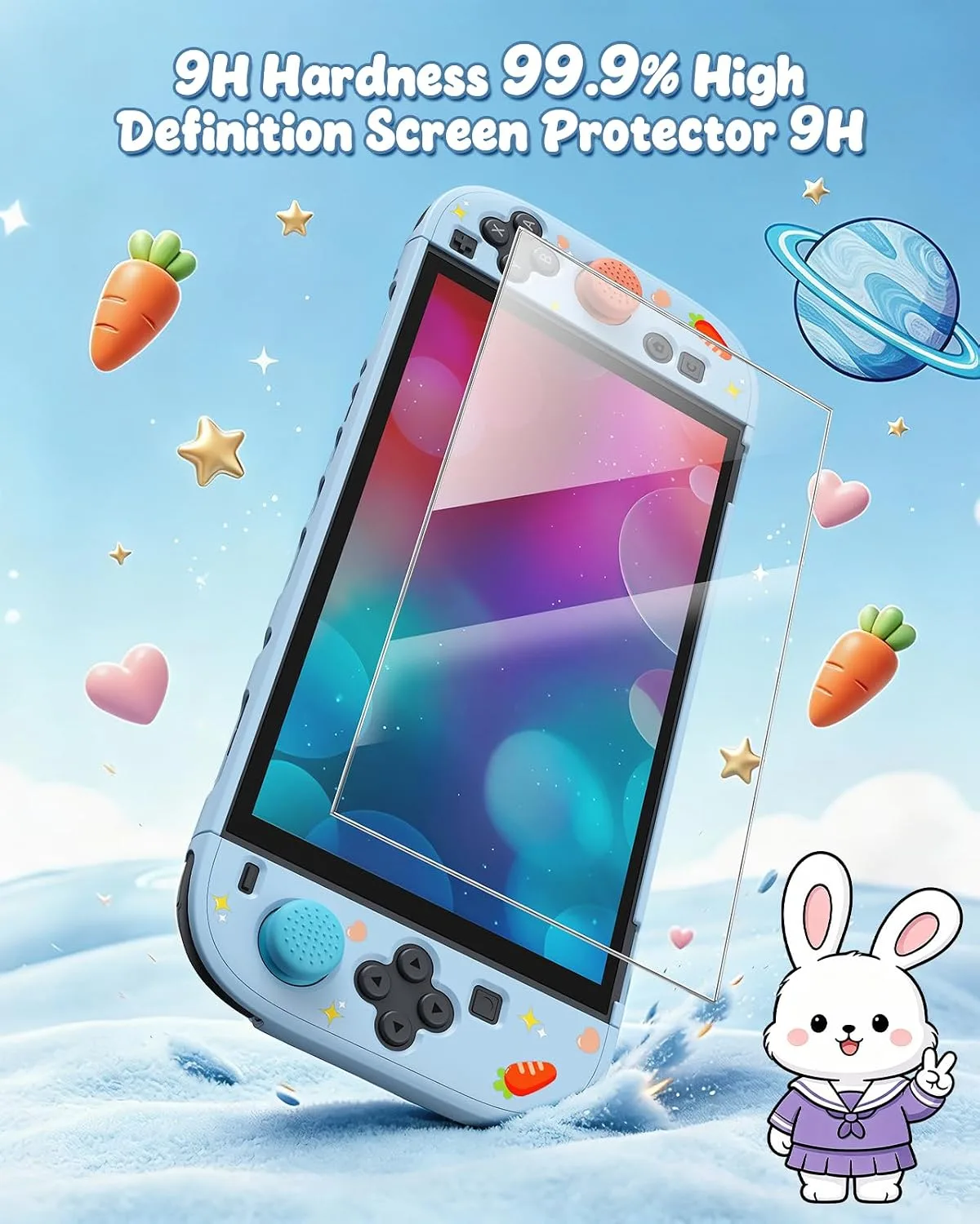 Switch 2 Cute Case,FYOUNG Dockable Kawaii Blue Bunny Protective Cover Shell