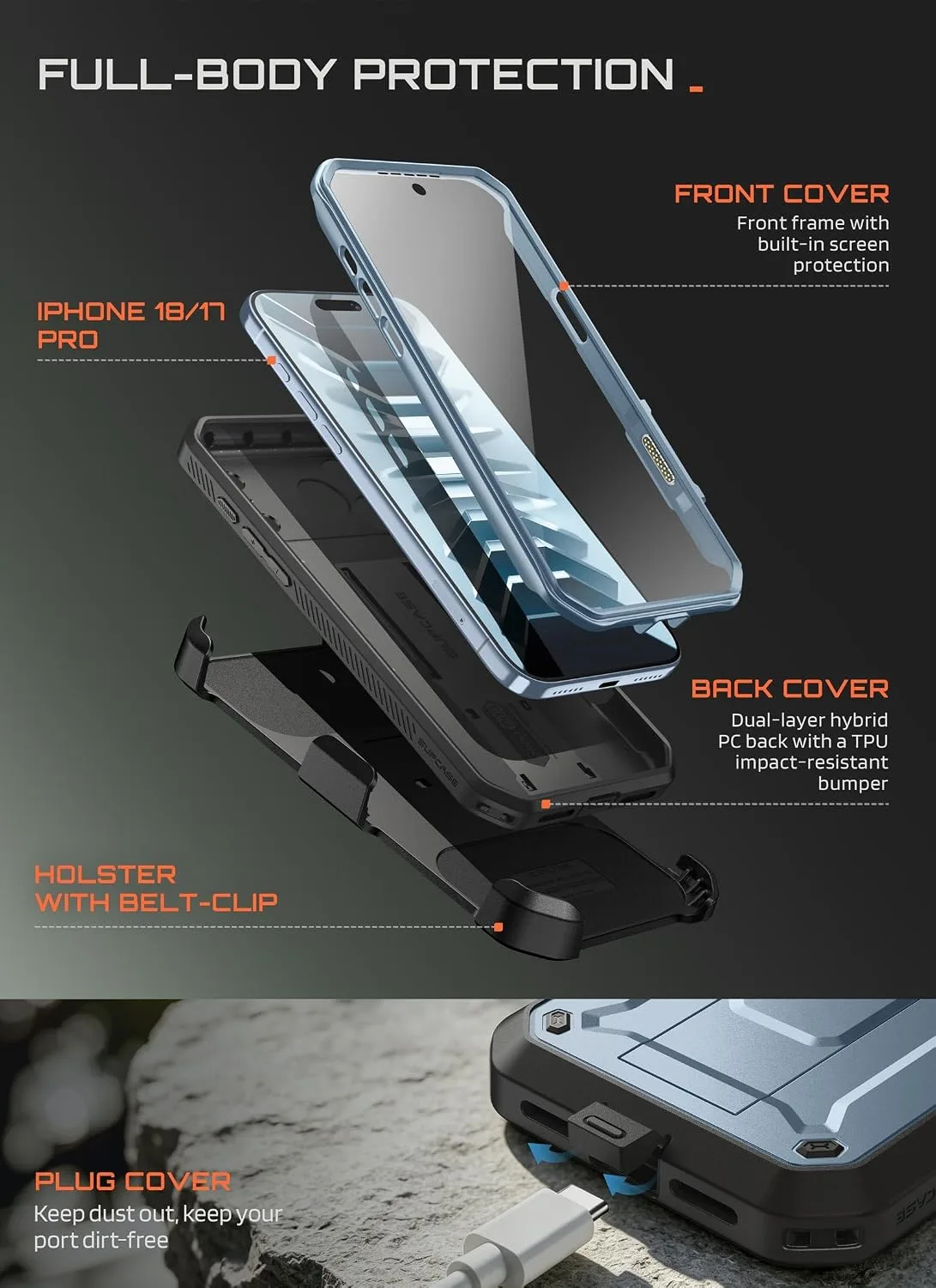 SUPCASE for iPhone 18 Pro Case / 17 Pro Case with Belt Clip, Glacier Blue