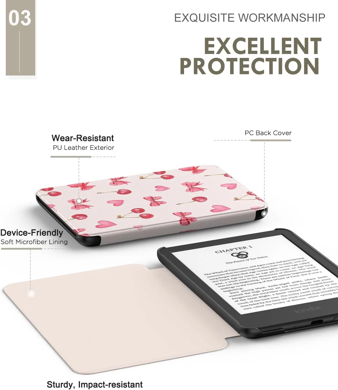 MoKo Case for 6" Amazon Kindle Basic 11th Gen 2024/2022, Cherry Bow