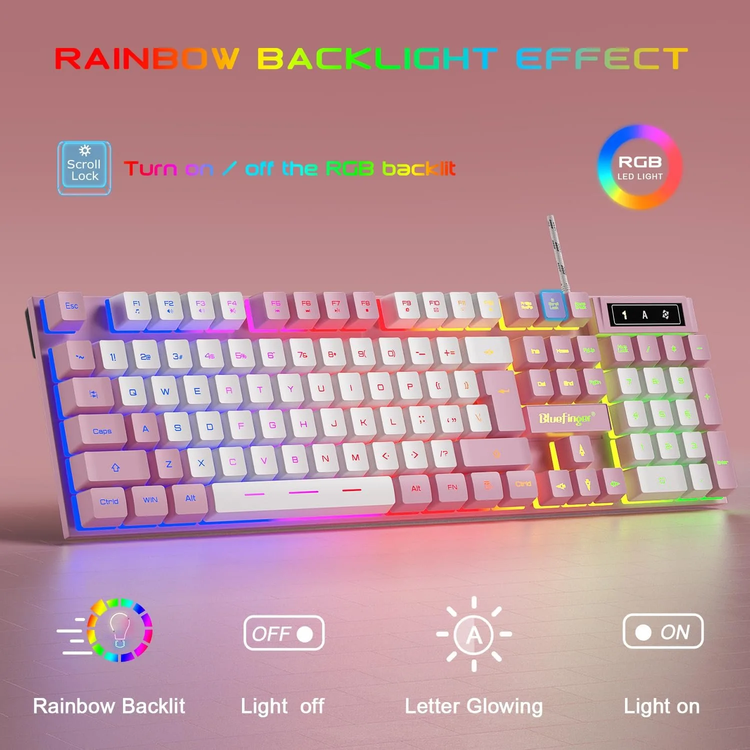 BlueFinger RGB Gaming Keyboard and Backlit Mouse and Headset Combo, USB Wired Backlit Keyboard, LED Gaming Mouse Set, Headset with Microphone for Laptop PC Computer Game and Work (Pink & White)
