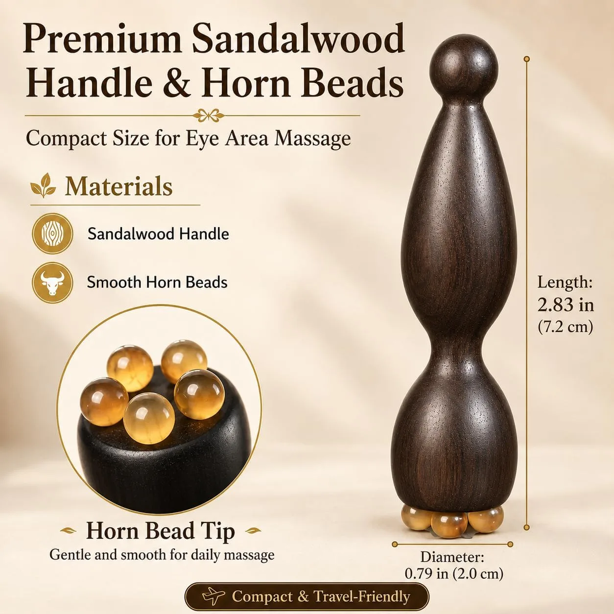 Eye Massage Tool, 2pcs Sandalwood Eye Massager Tool with 5 Smooth Horn Beads, Dual-End Eye Roller Tool for Puffy-Looking Eyes, Eye Massage Stick for Face and Under Eye Self Care