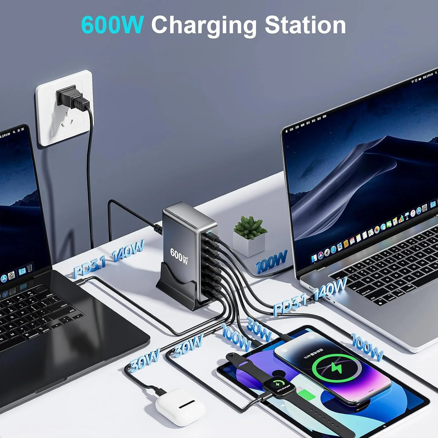 600W USB C Charger Block, 8-Port USB Charging Station with Dual 140W PD