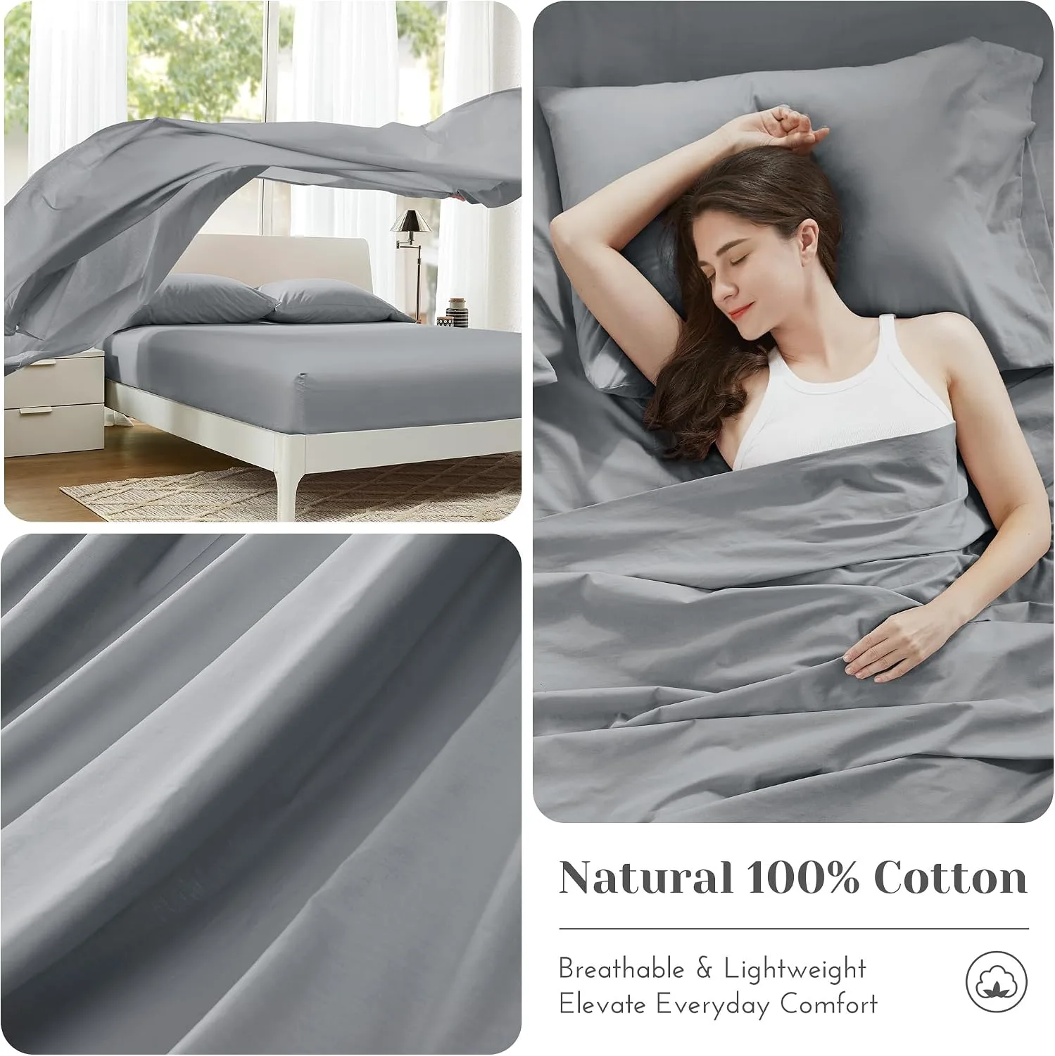 Comfort Spaces 100% Cotton Percale Sheets Queen Sheet Set 4 Pcs, Dark Gray