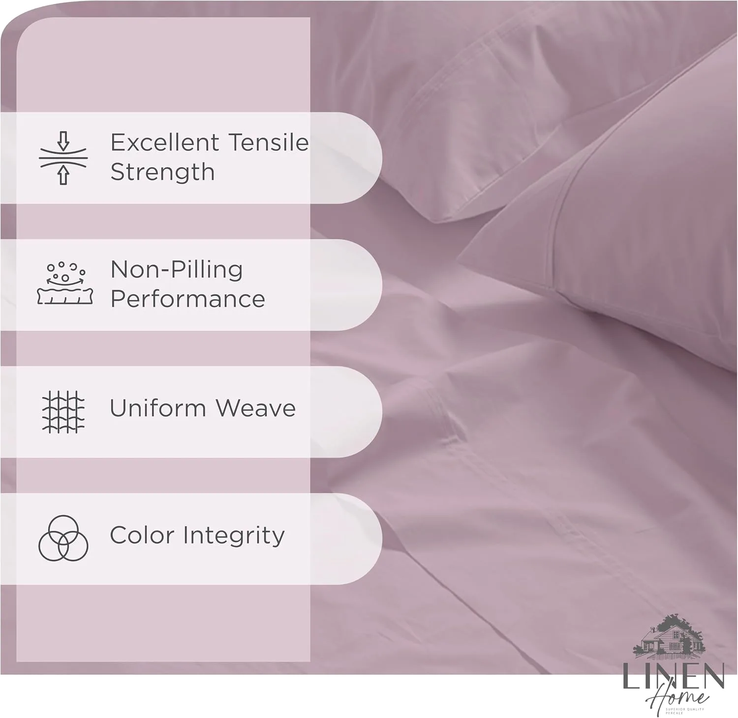 Linen Home 100% Cotton Percale King Sheets 4Pc Cooling Set Mauve Lavender