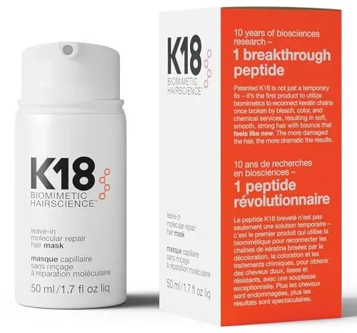 K18 Leave-In Molecular Repair Hair Mask - Peptide Hair Treatment Mask for Bleach, Color, Chemical + Heat Damaged Strands - Immediate + Lasting Damage Reversal in 4 Minutes (1.7 Fl oz)