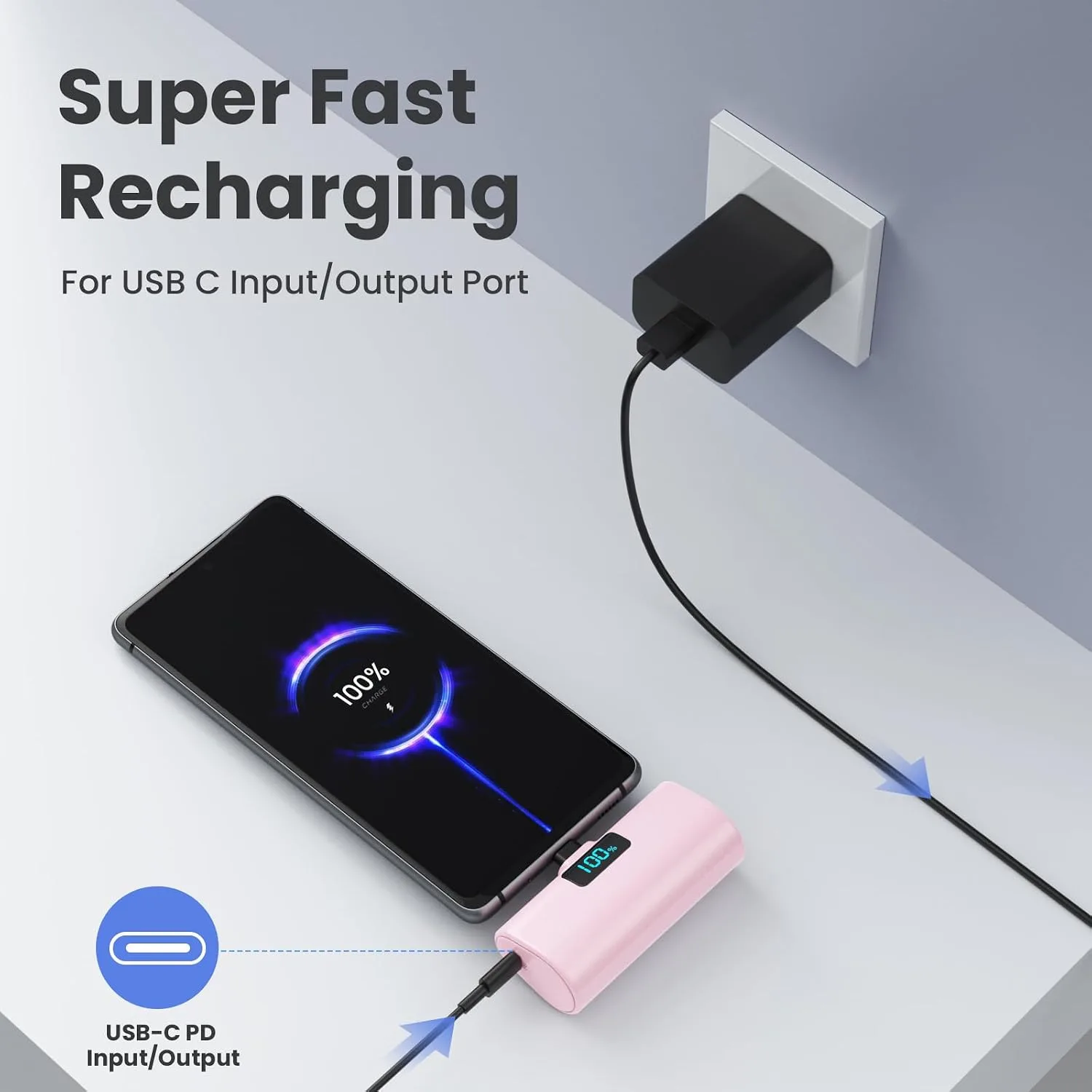 [2-Pack]Portable Charger for iPhone 16/15 Series,5200mAh PD USB C Power Bank Built-in USB-C Connector,Battery Pack Compatible with iPhone 16/16 Plus/16 Pro/16 Pro Max/15 Series,Android (Pink+Blue)