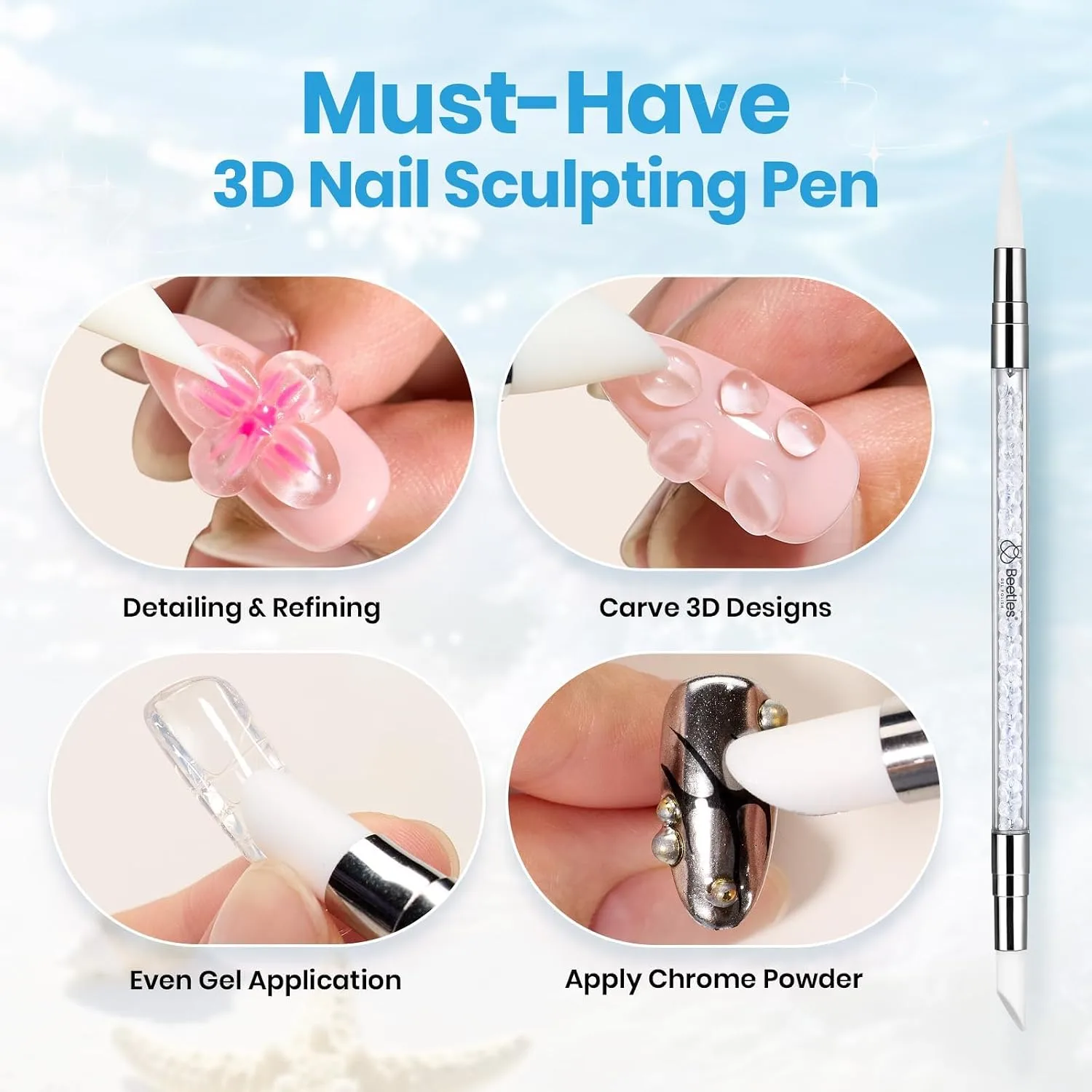 Beetles 3D Gel Nail Art & 3D Mold, 1.06 oz Pearl White with Sculpting Pen
