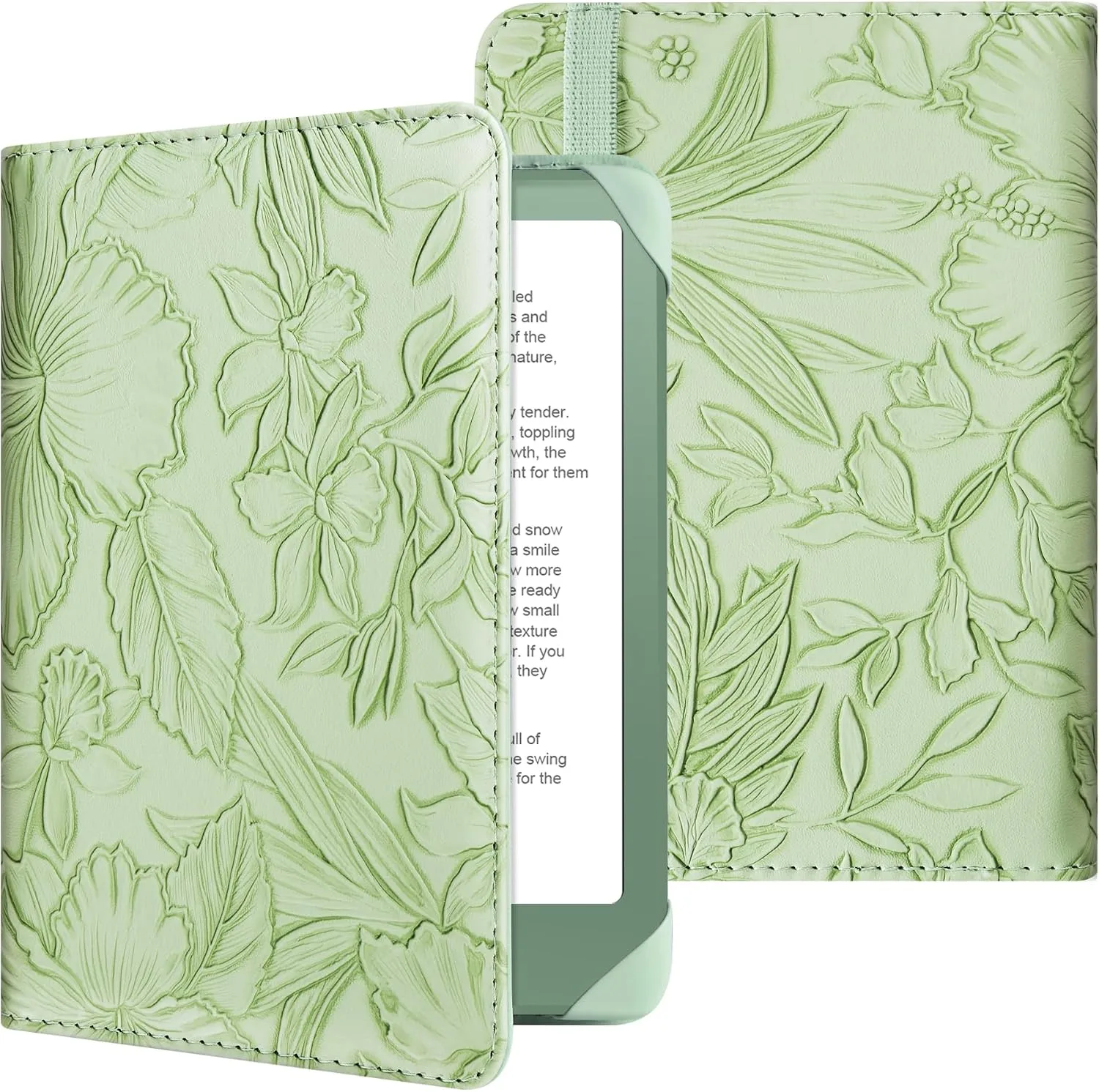 HoYiXi Universal Case for 6 inch Kindle eReader Compatible with Paperwhite(2015/2018)/Pocketbook and Tolino/Kobo Clara HD,6" eReader Protective Case Cover Elastic Rope,Green Leaves