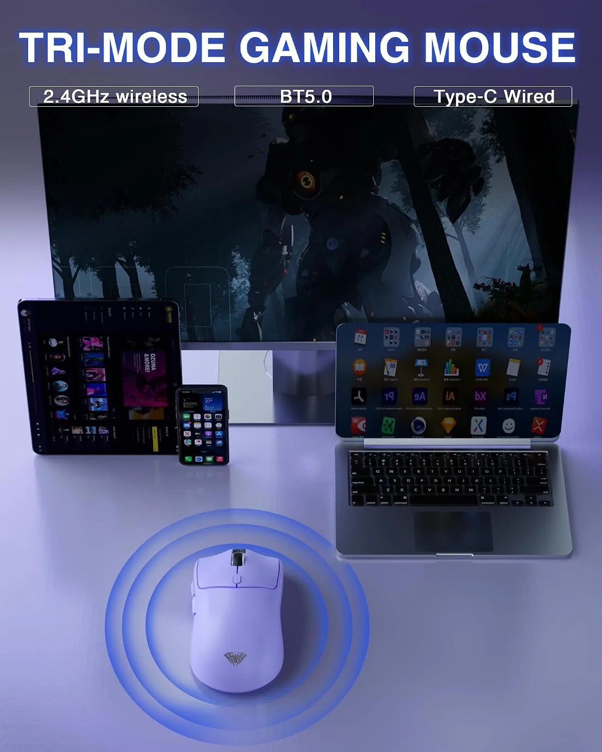 AULA SC580X Wireless Gaming Mouse, Tri-Mode Purple Gaming Mice & 12000 DPI