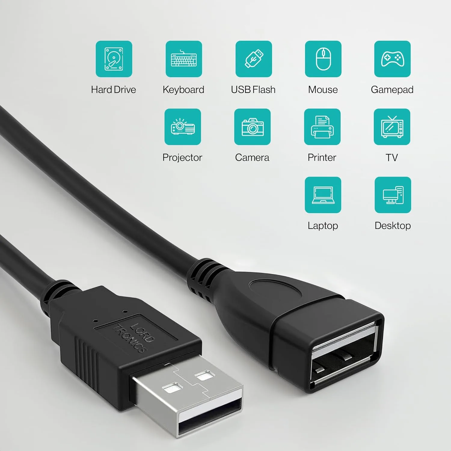 LORDTRONICS 3FT Male to Female Extension Cable USB A Male to USB A Female Data Transfer and Charging Adapter for Keyboard, Mouse, Printer, USB Flash Drive for Multiple Devices, Black