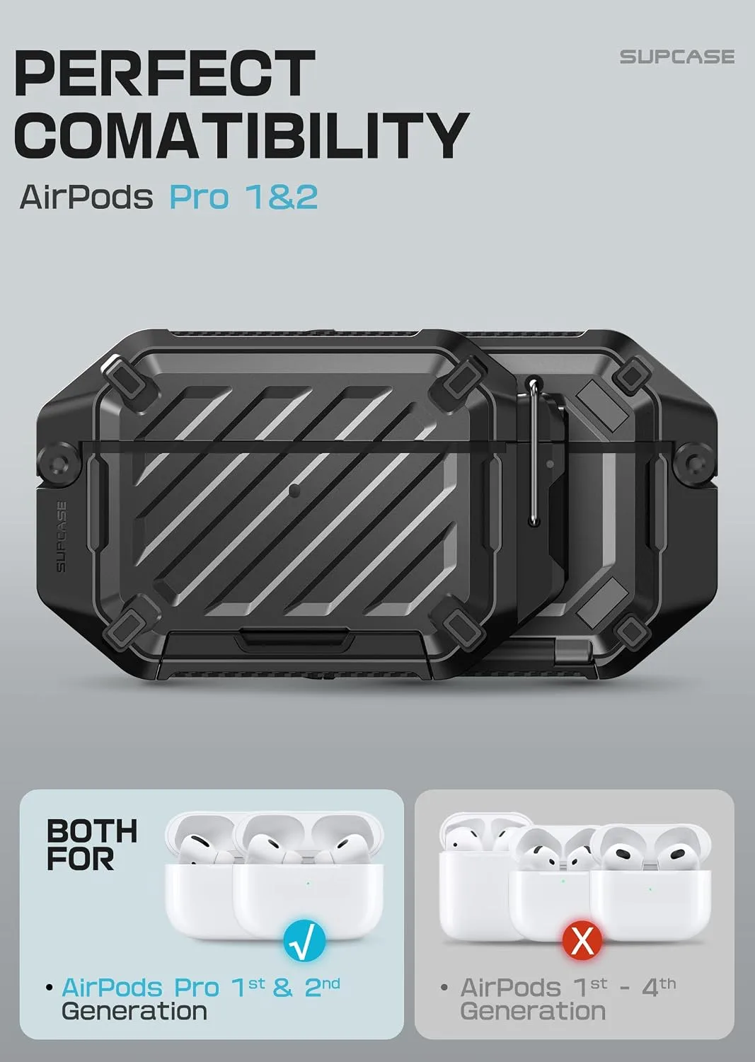 SUPCASE for AirPods Pro 2/1 Case with IP68 Waterproof, Lock&Carabiner,Black