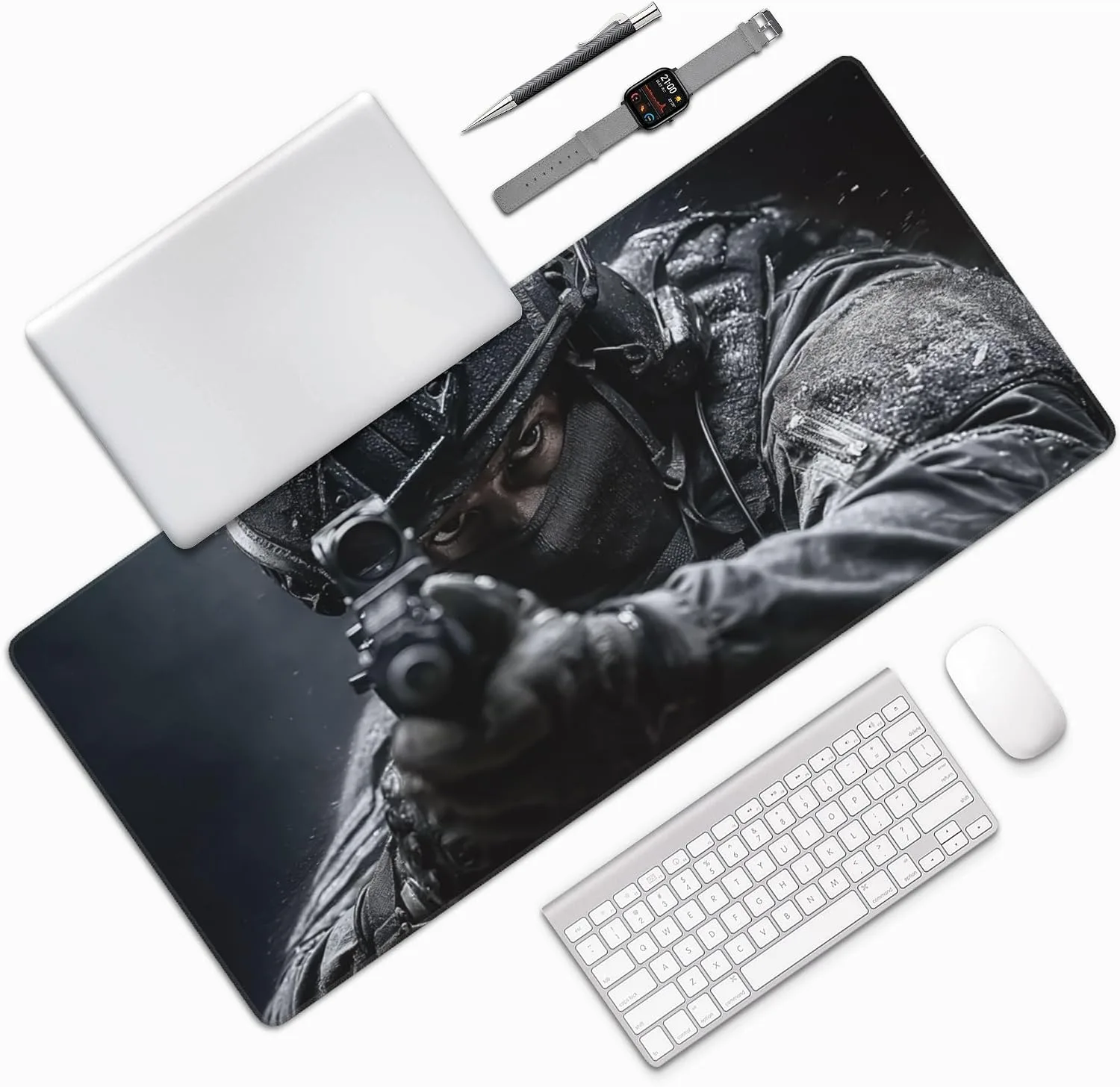 Large Gaming Mouse Pad with Non-Slip Rubber Base, Tactical Soldier Design, Smooth Surface for Work, Office and Home, 35.4" x 15.7