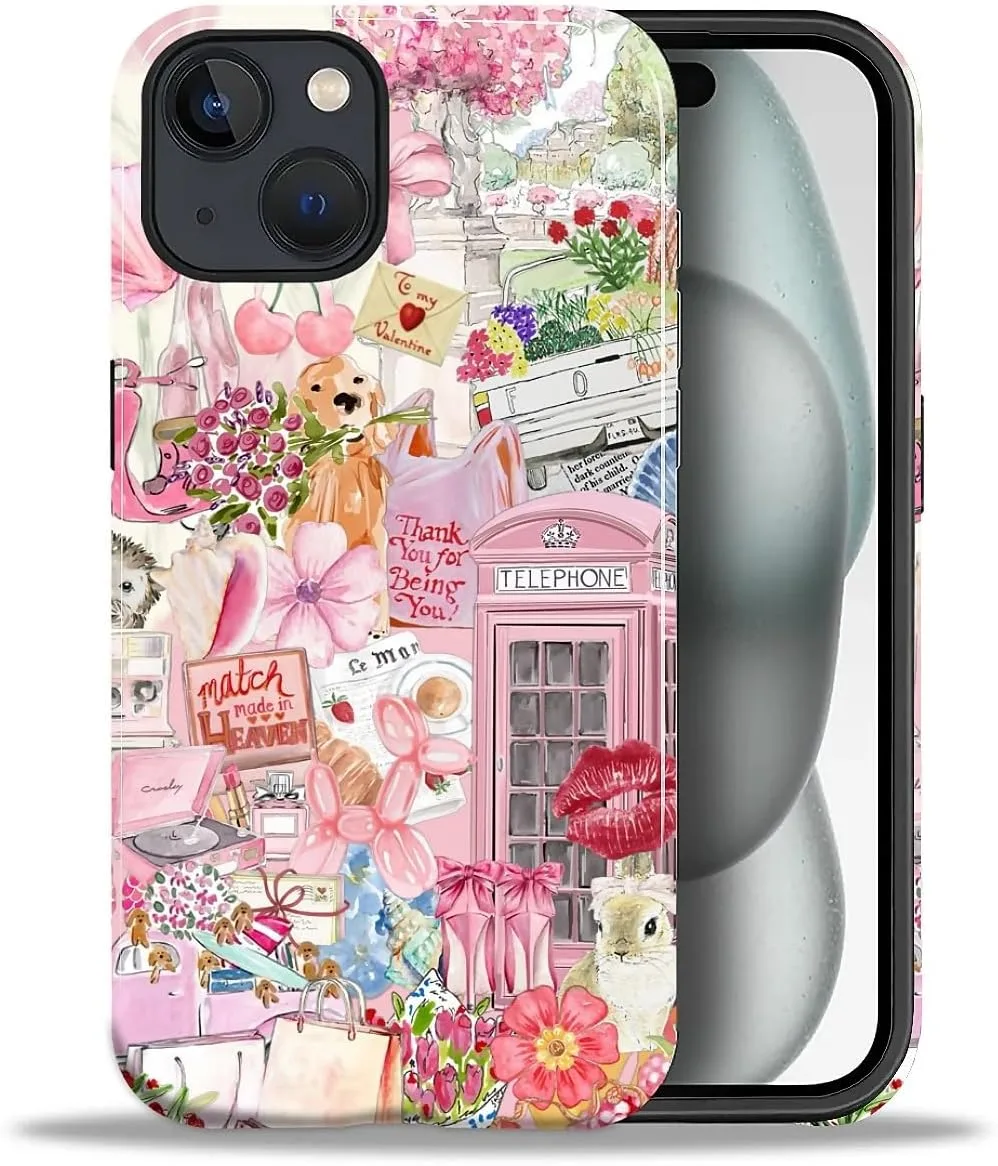 DAIZAG Case for iPhone 15 Plus,Mixed 2 Layer Design Shockproof Soft TPU Ddouble Protection Phone Case for iPhone 15 Plus-Cute Pink Animal Garden Collage
