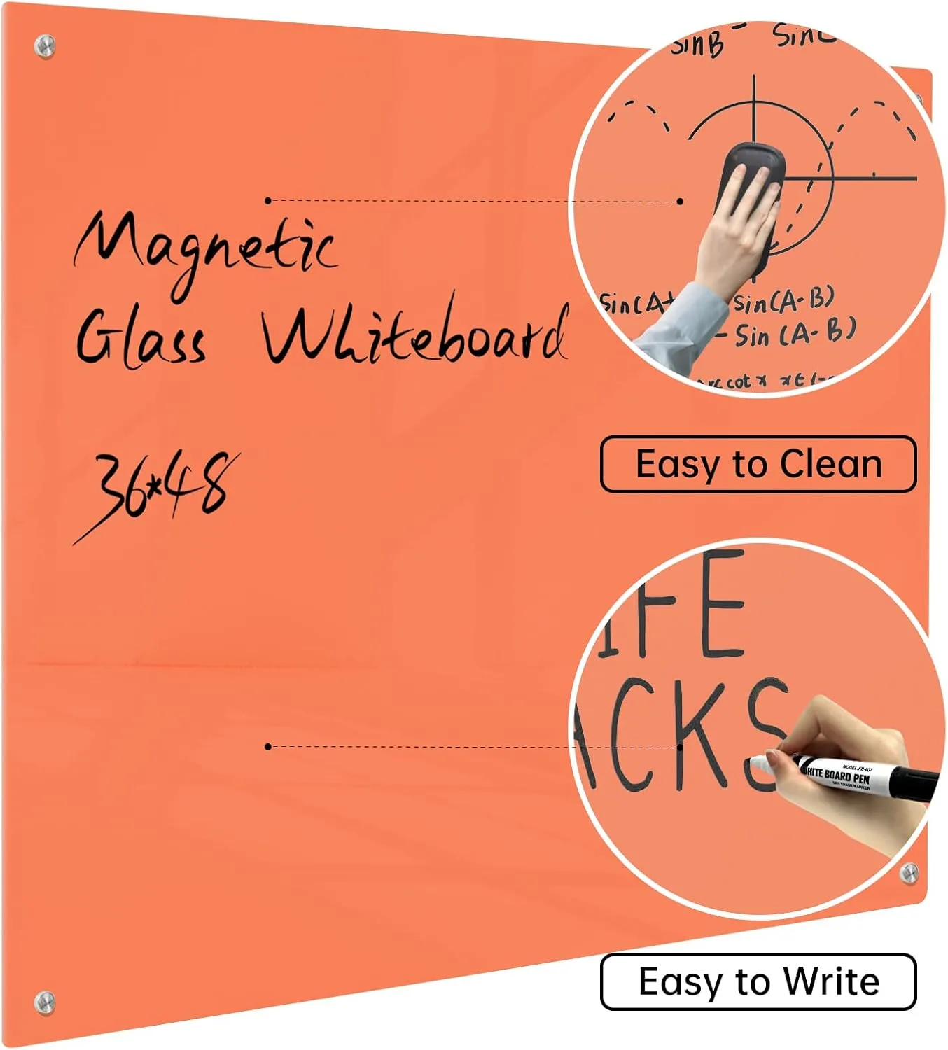 Magnetic Glass Dry Erase Board - White Board 48 x 36 Inch Wall Mounted Glass Whiteboard, Large Frameless Glass White Board for Wall Office, Home & School, Orange