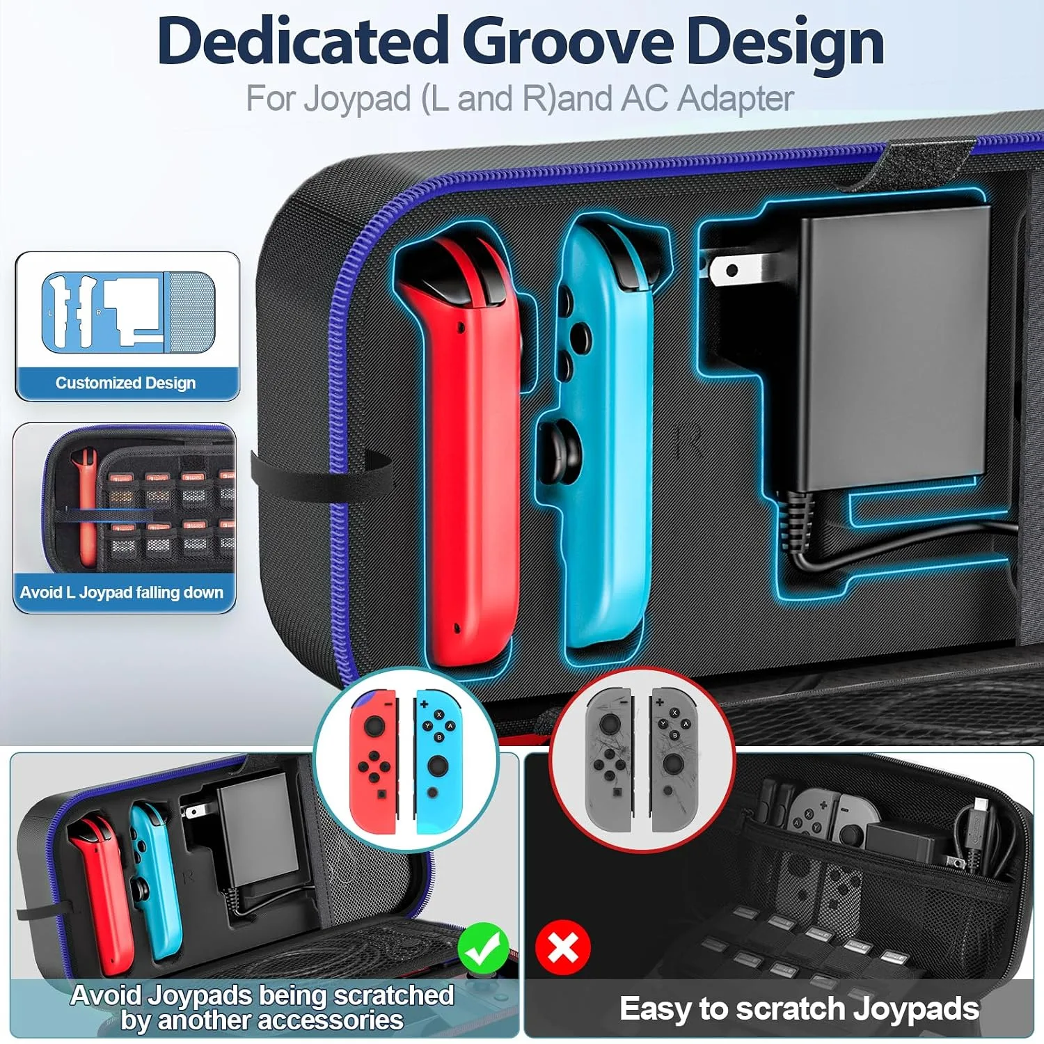 Switch Carrying Case Compatible with Nintendo & OLED, Portable Switch Travel Carry Case Fit for Joy-Con and Adapter, Hard Shell Protective OLED Pouch Bag with 20 Games, Blue