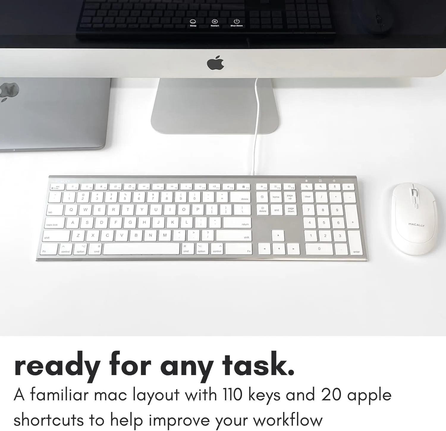 Macally Ultra Slim USB Wired Computer Keyboard - Compatible Apple Keyboard or Windows - Full Size with 20 Mac Keyboard Keys -with Numeric Keypad - Silver Aluminum Finish