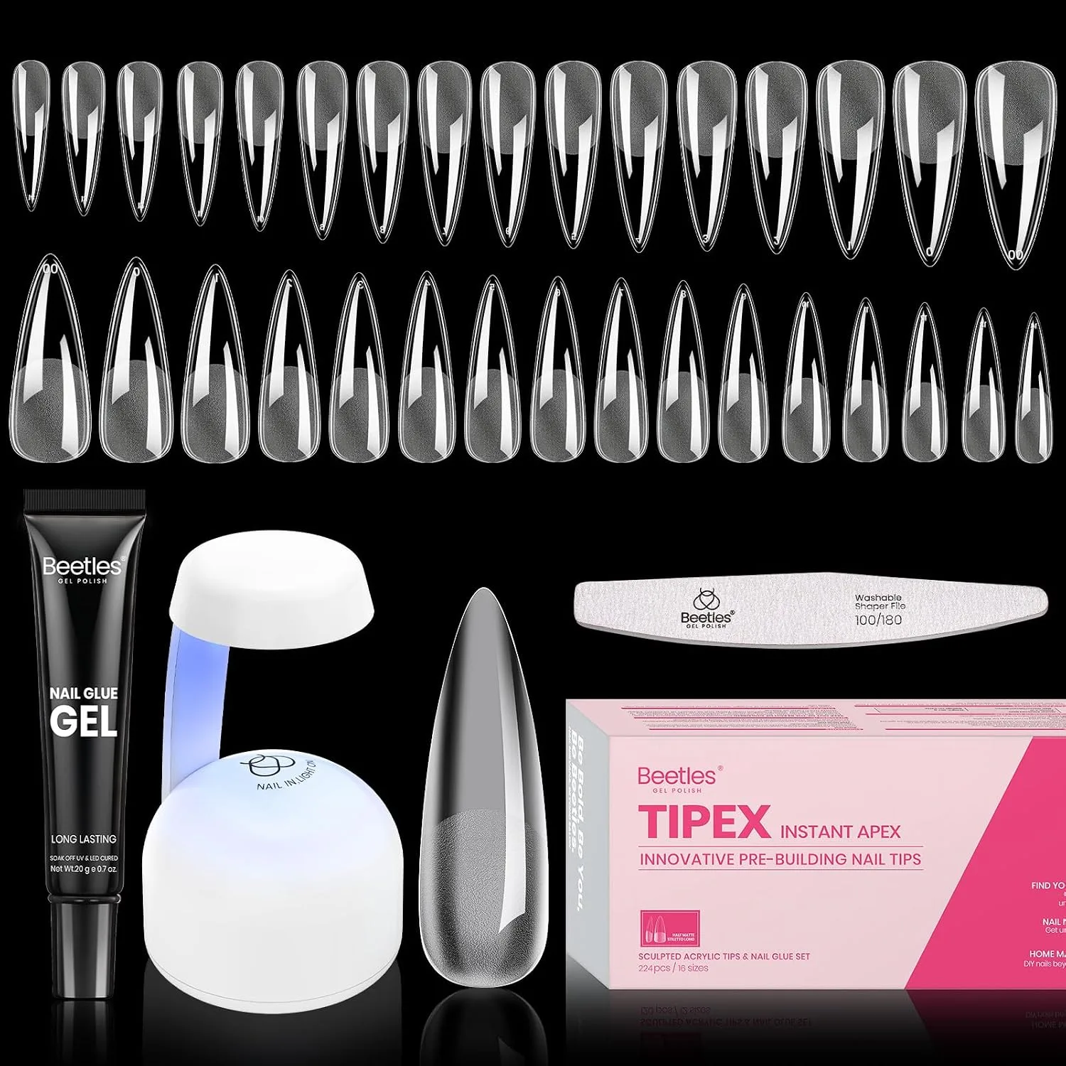 Beetles Tipex Instant Apex Nail Tips Kit, Long Stiletto, 224pcs 16 Sizes