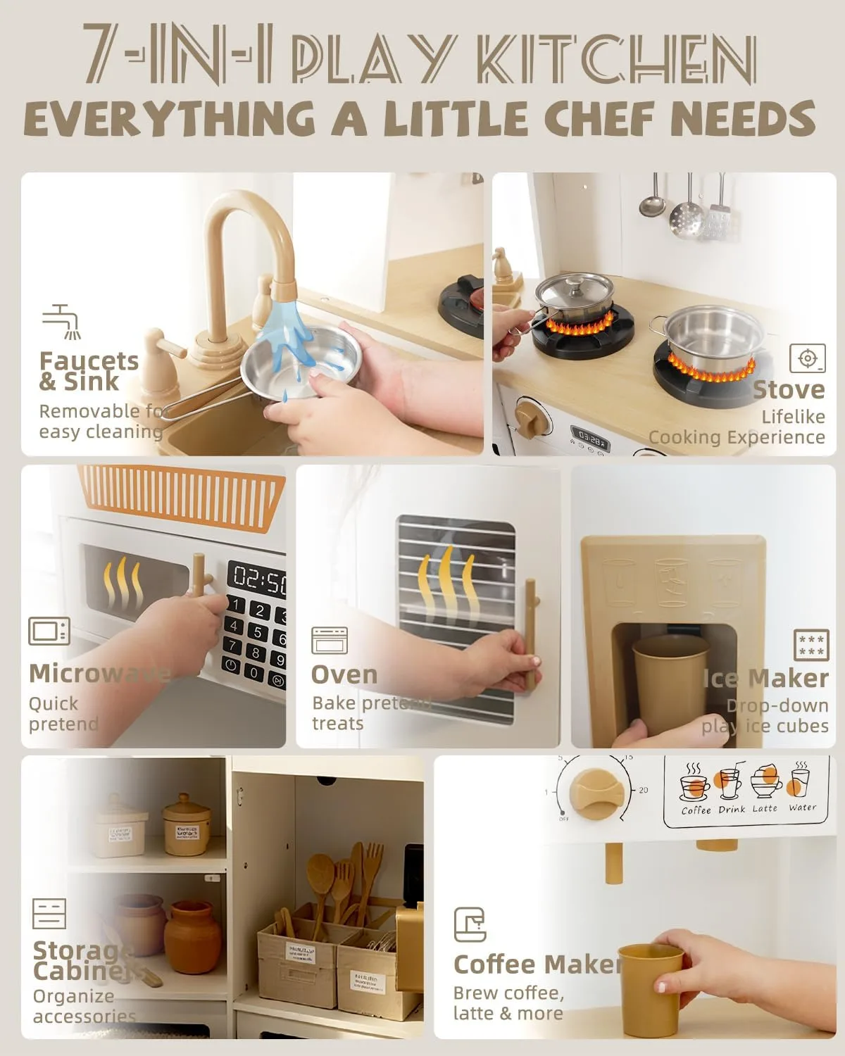 YUG Heavy-Duty Wooden Play Kitchen Set with Real Lights & Sounds, Compliant Premium Corner Pretend Kitchen Toy Including Stove, Oven, Ice Maker, Range Hood, for Kids Ages 3+, ASTM CPSIA Compliant