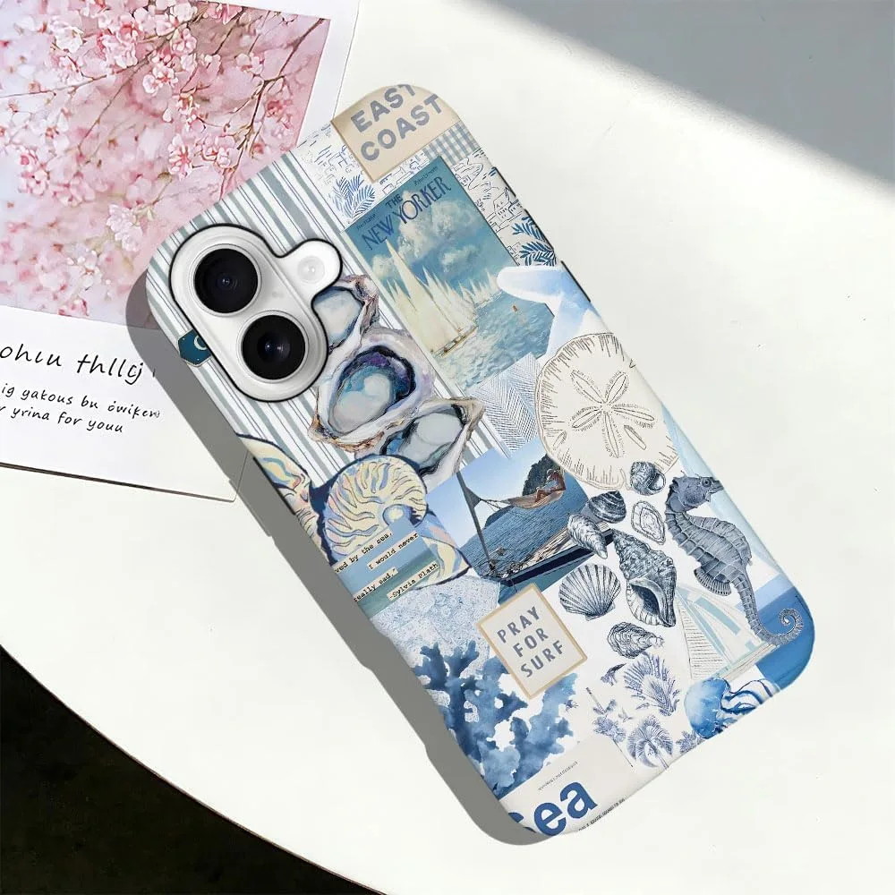 Case Compatible with iPhone 17,Fall Prevention Hybrid 2-Layer Hard Shell Phone Cover for Girls Boys,Seashell Ocean Blue Retro Collage