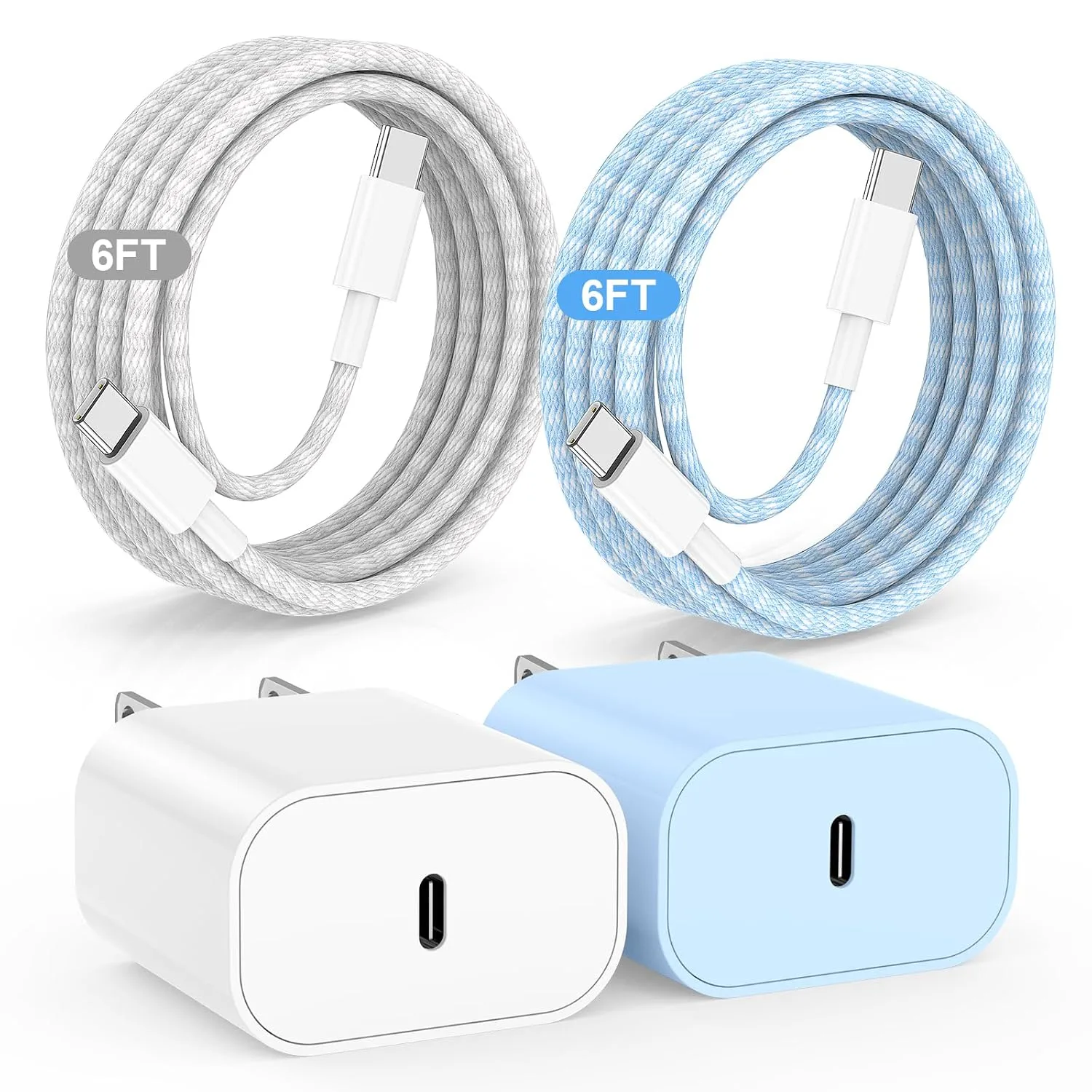 20W USB C Fast Charging for iPhone 17 Air/16/15 Pro Max,2Pack Colorful Mixed Charger Block with Braided Long USB C to C Cables (6/6ft) Compatible with iPhone16/15 Pro/15 Plus/iPad Pro