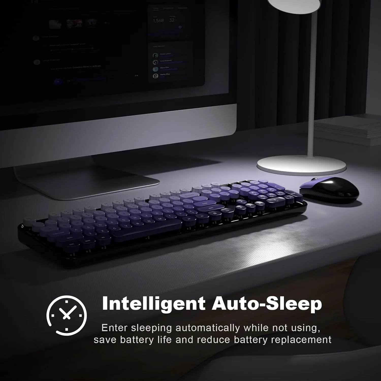 MOFII Wireless Keyboard and Mouse Combo, Full Size 2.4G Plug and Play Typewriter Retro Round Computer Keyboard and Mouse Set for Windows, Computer, Desktop, PC, Notebook - (Black Purple Gradient)