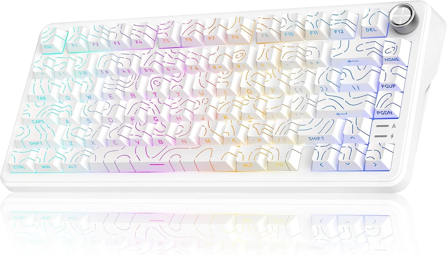 RedThunder K75 Wireless Mechanical Keyboard, CNC Knob, Tri-Mode BT5.0/2.4GHz/USB-C Hot Swappable Custom, Pre-lubed Linear Coconut Switches, Gasket Structure, RGB Gaming Keyboard, White Contour Lines