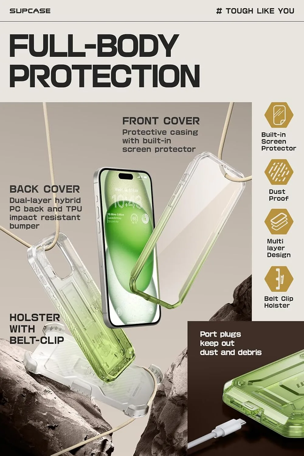 SUPCASE for iPhone 15 Pro Max Case with Stand & Screen Protector, GradGreen