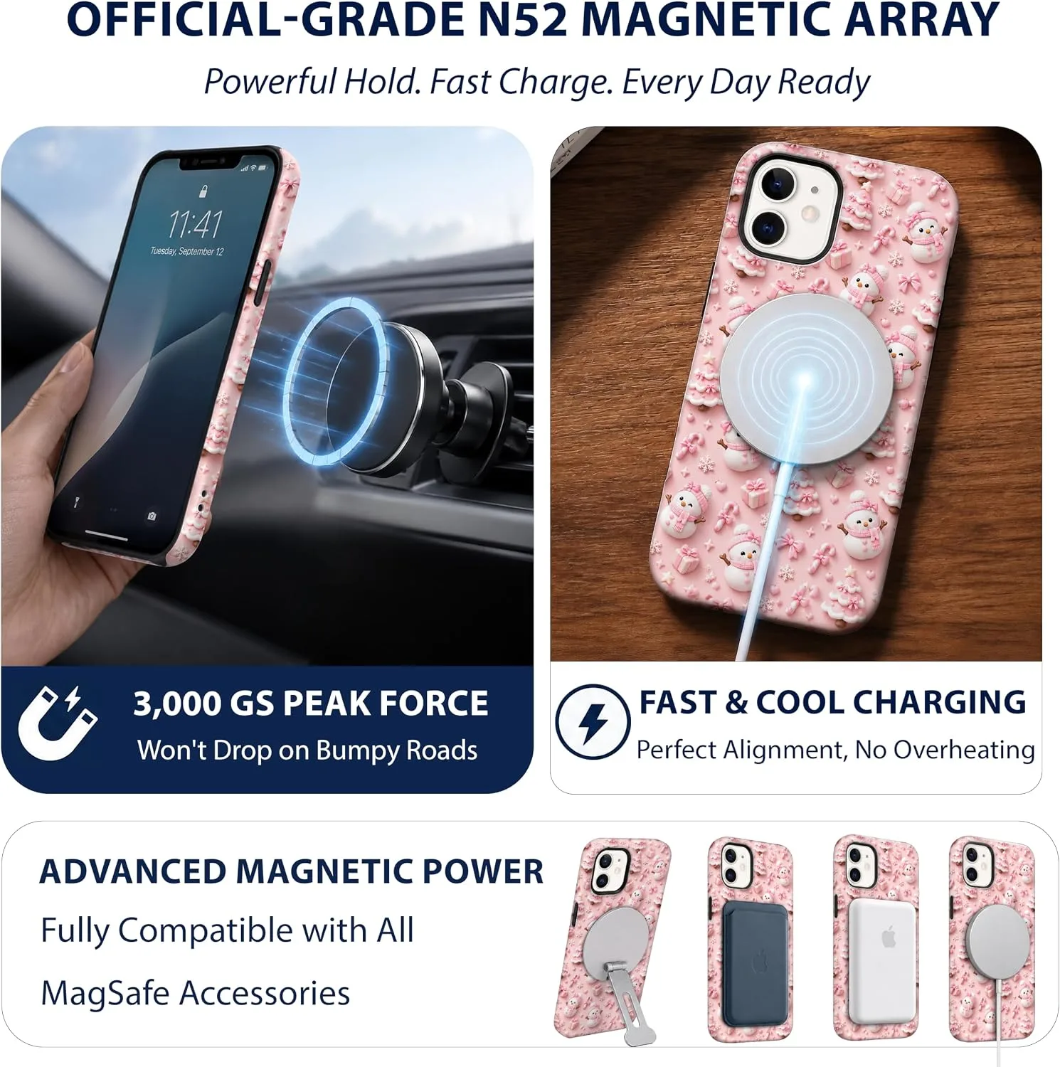 Magnetic for iPhone 11 Cute Pink Phone Case, Christmas Snowman
