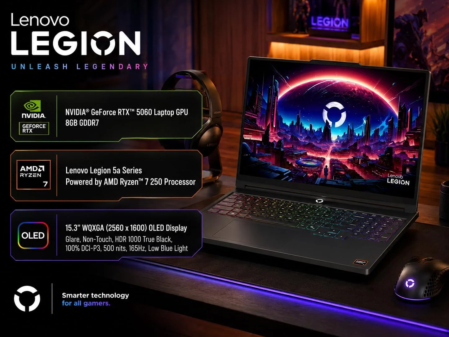 Lenovo Legion 5a Gaming Laptop, AMD Ryzen 7 250, GeForce RTX 5060, 15.3" WQXGA (2560x1600) 165Hz OLED Display, 16GB DDR5 RAM, 512GB SSD, Wi-Fi 7, RGB Backlit, Win 11, Black, w/Portable 500GB Drive