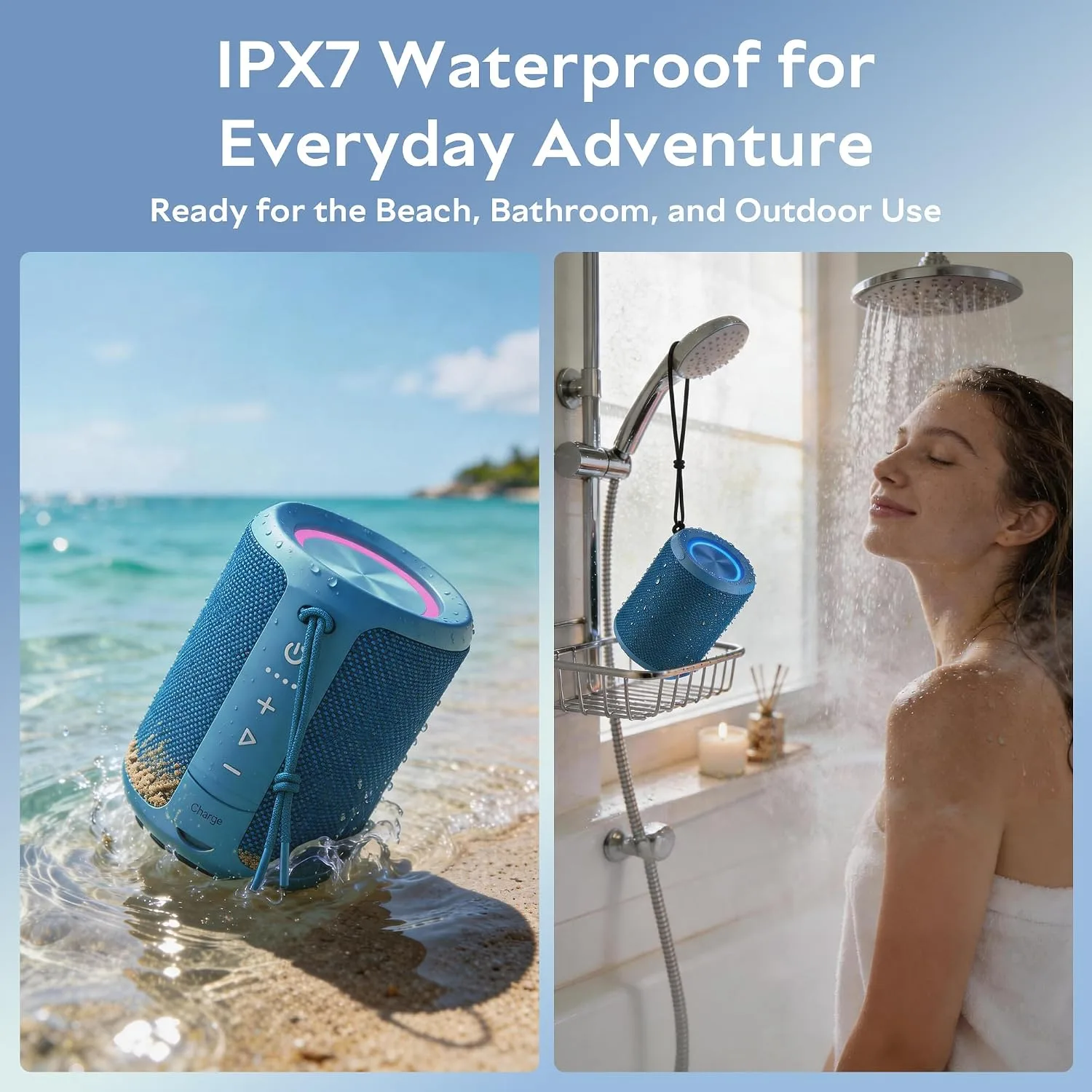 Portable Bluetooth Speaker,IPX7 Waterproof Wireless Speaker with 20W Loud Stereo Sound,15H Playtime & Beat-Synced RGB Light, Small Outdoor Speaker for Shower,Pool,Beach,Hiking,Gifts(Cerulean)