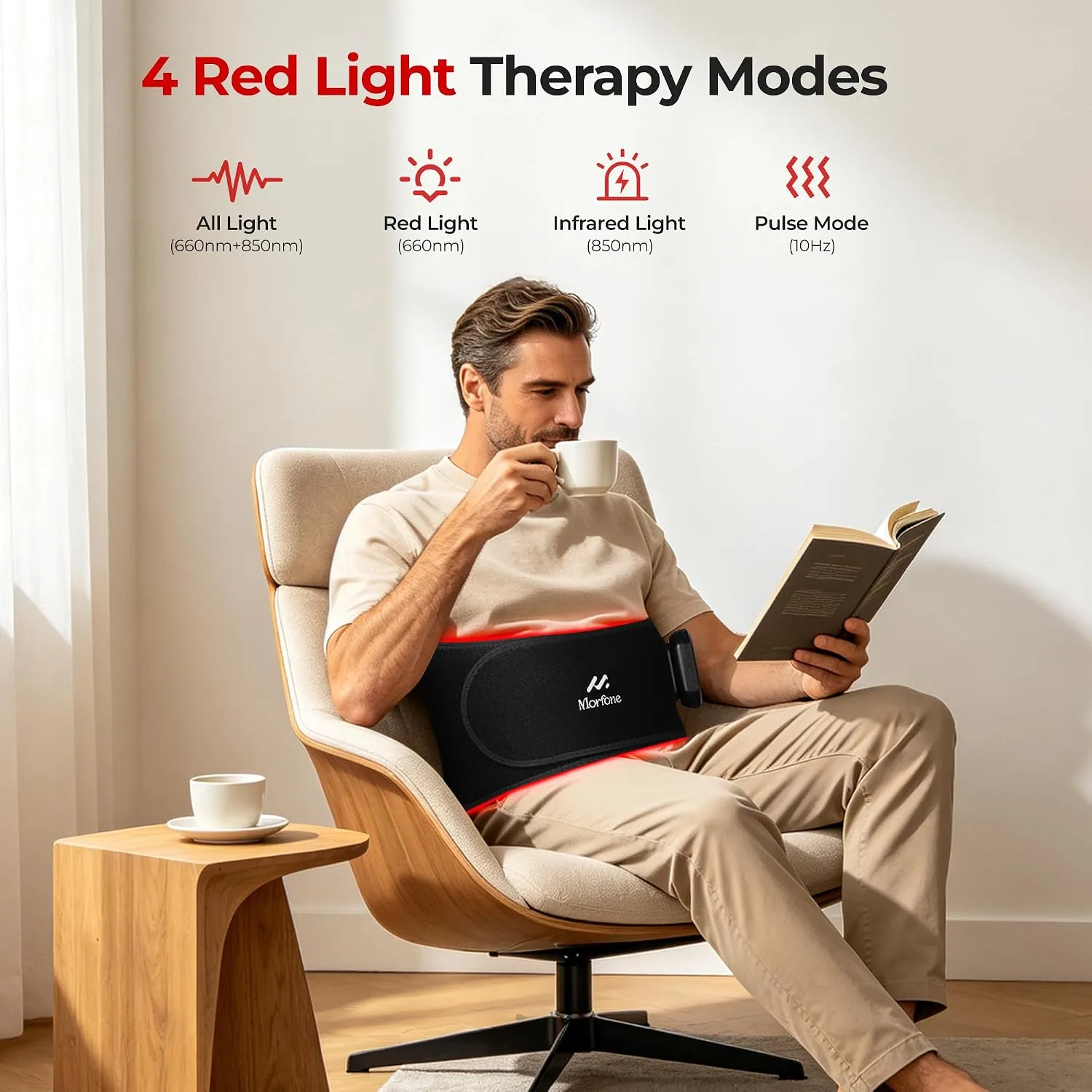 Cordless Red Light Therapy Belt for Body, Heat & Vibration, 660nm 850nm