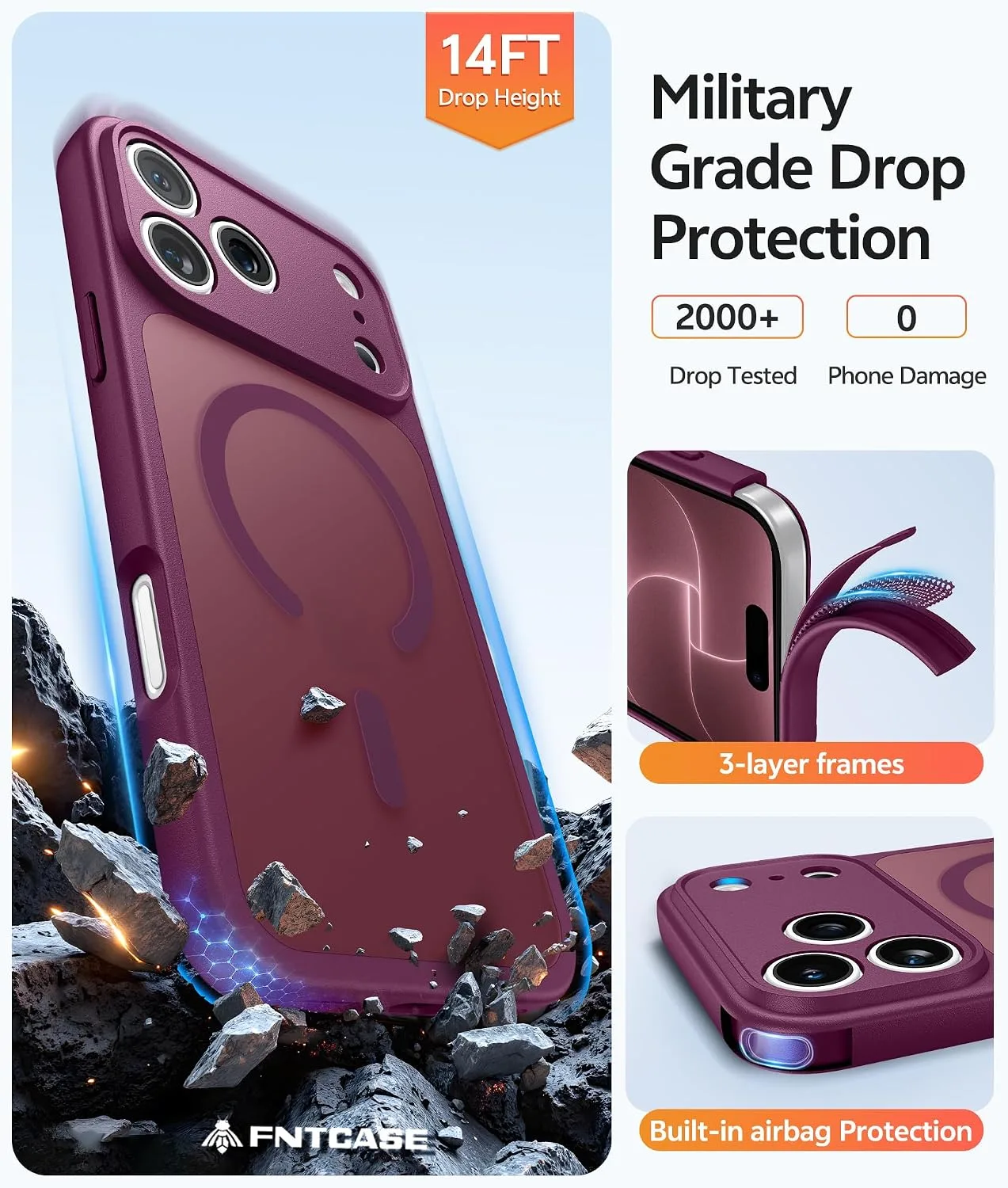 FNTCASE for iPhone 18 Pro Case/iPhone 17 Pro Case, Fit for Magsafe Burgundy