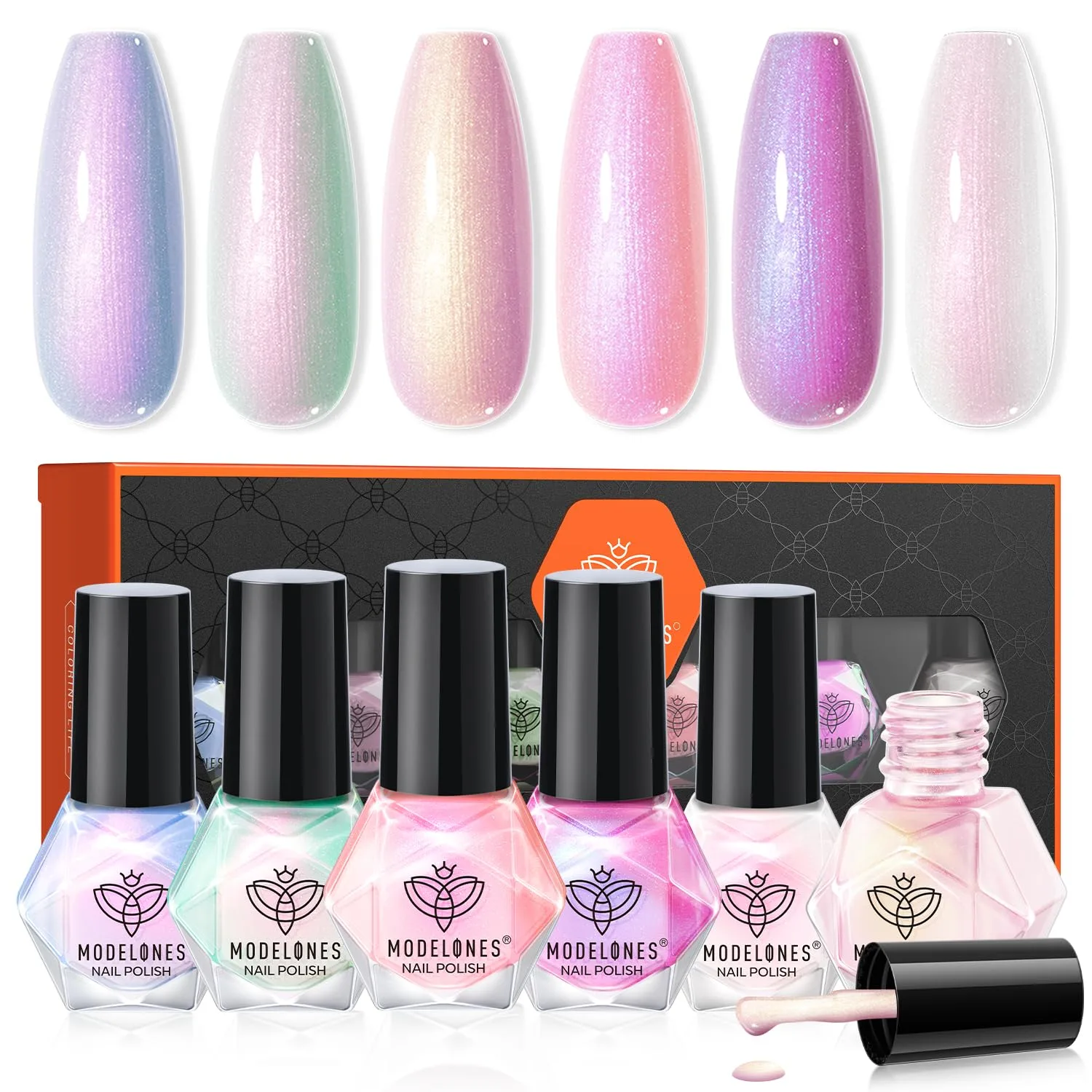 modelones Pearl Nail Polish, 6 Colors Aurora Iridescent Shimmer