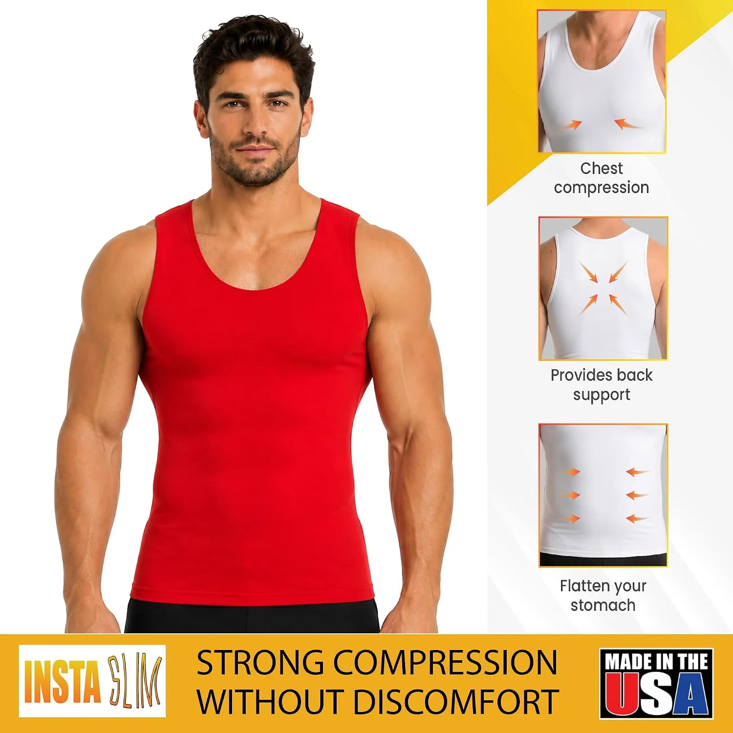 Insta Slim - Made in USA 3 Pack Compression Muscle Tank Body Shapers for Men. Back Support, Slimming Shapewear Undershirt