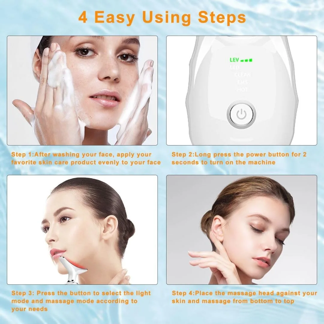Facial Beauty Device, Face Massager Tool for Skin Care, Based on Triple Action LED, Thermal, and Vibration Technologies, Red and Blue LED Light, 7 Color Led Face and Neck Massager for Home Use