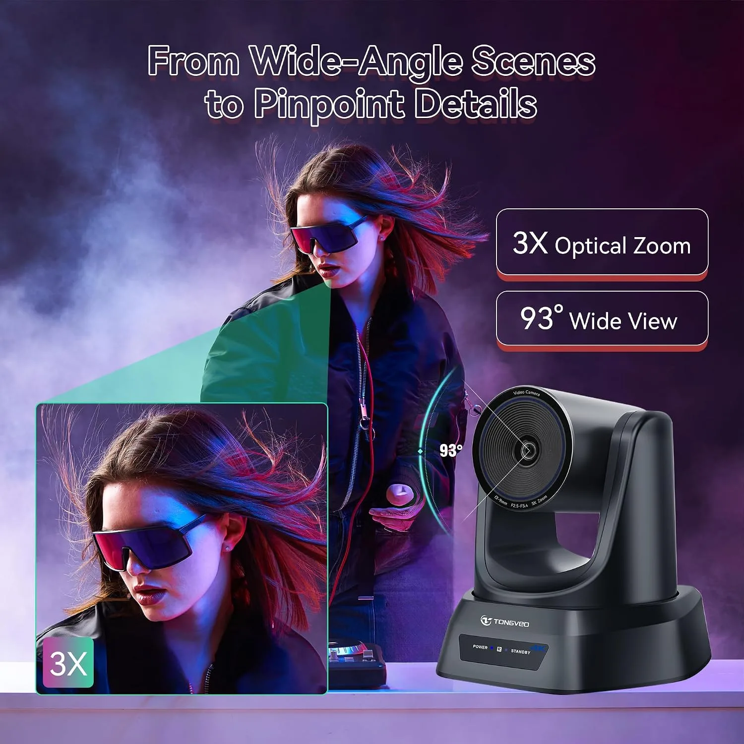 TONGVEO 4K PTZ Camera 3X Optical Zoom 93° FOV HDMI USB3.0 Conference Camera