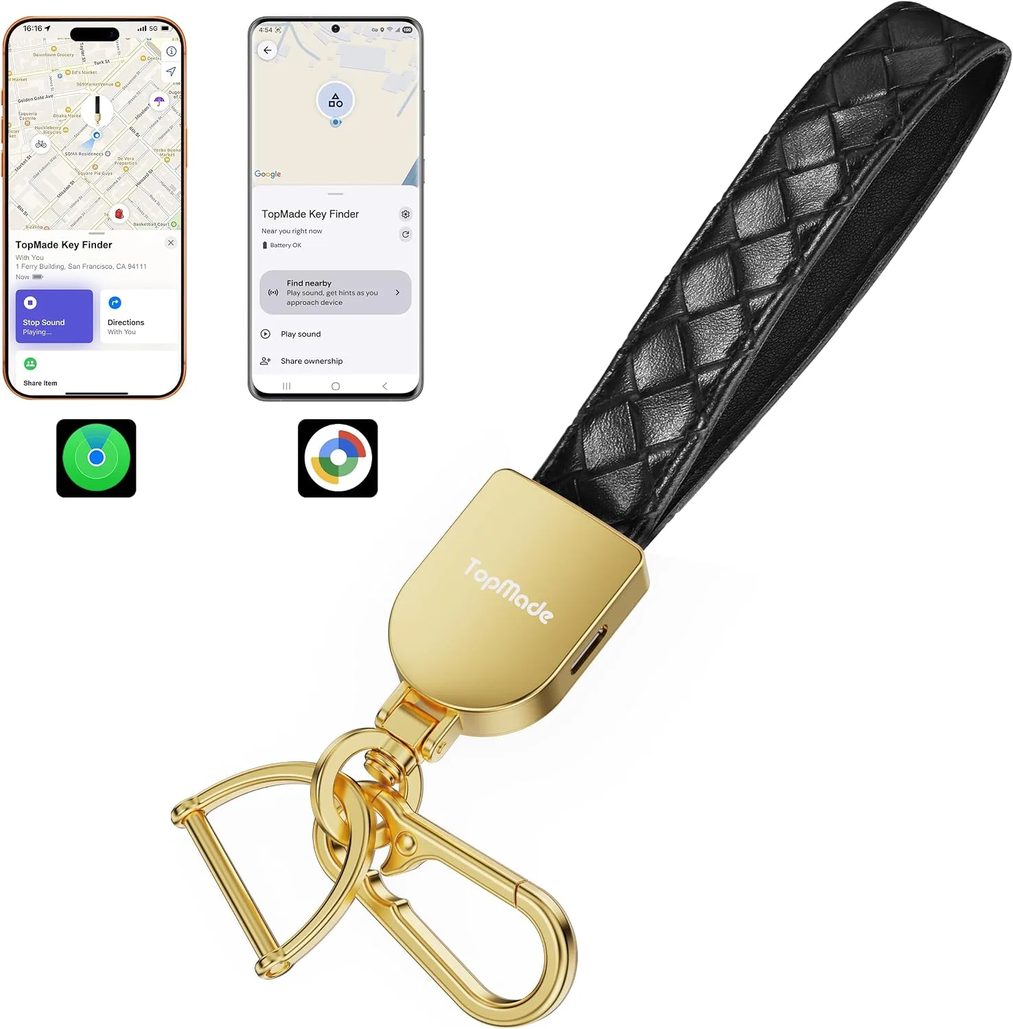 Smart Keychain Tracker (iOS & Android), Car Key Chains Finder, Black & Gold