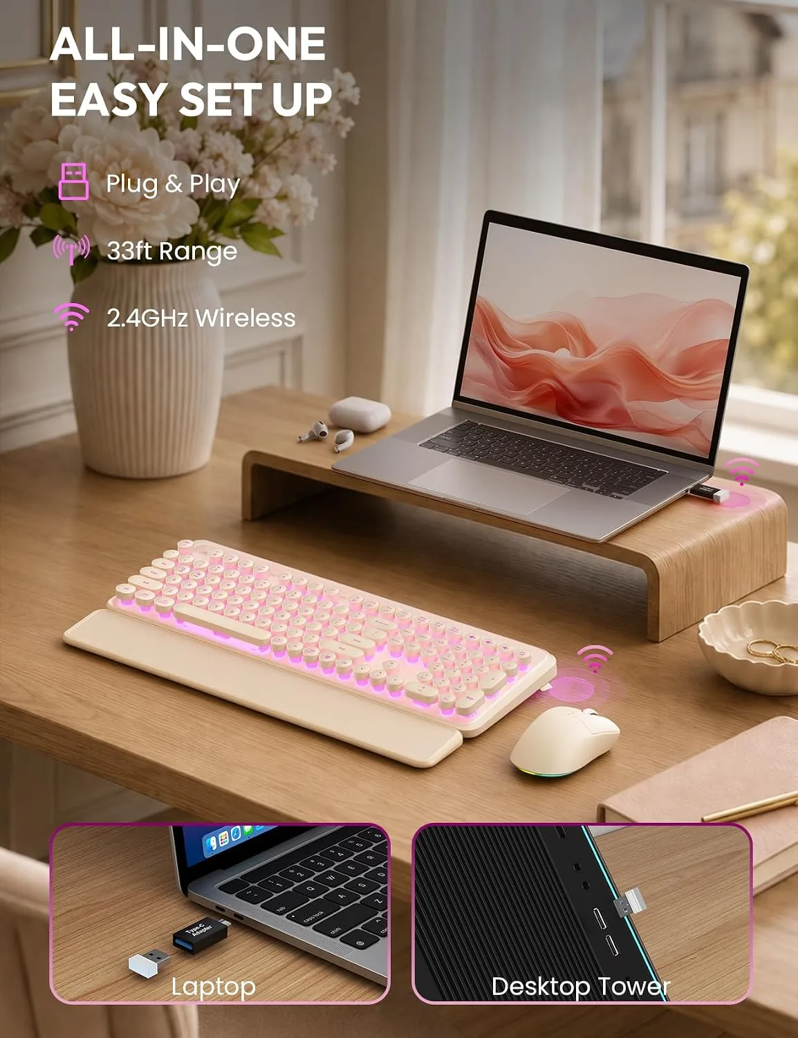 Wireless Keyboard and Mouse, Backlit Typewriter with Magnetic Wrist Rest