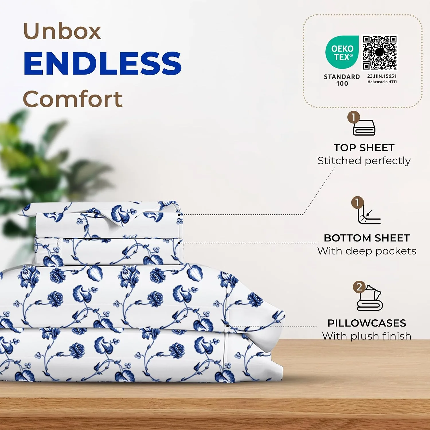 THREAD SPREAD Egyptian Cotton Queen Sheet Set - Luxury 600 Series Sheets Queen Size Bed Set (4 PC, Floral Blue), 16" Deep Pocket All Around Elastic, Soft, Sateen Weave, Durable Hotel Bed Sheet Sets