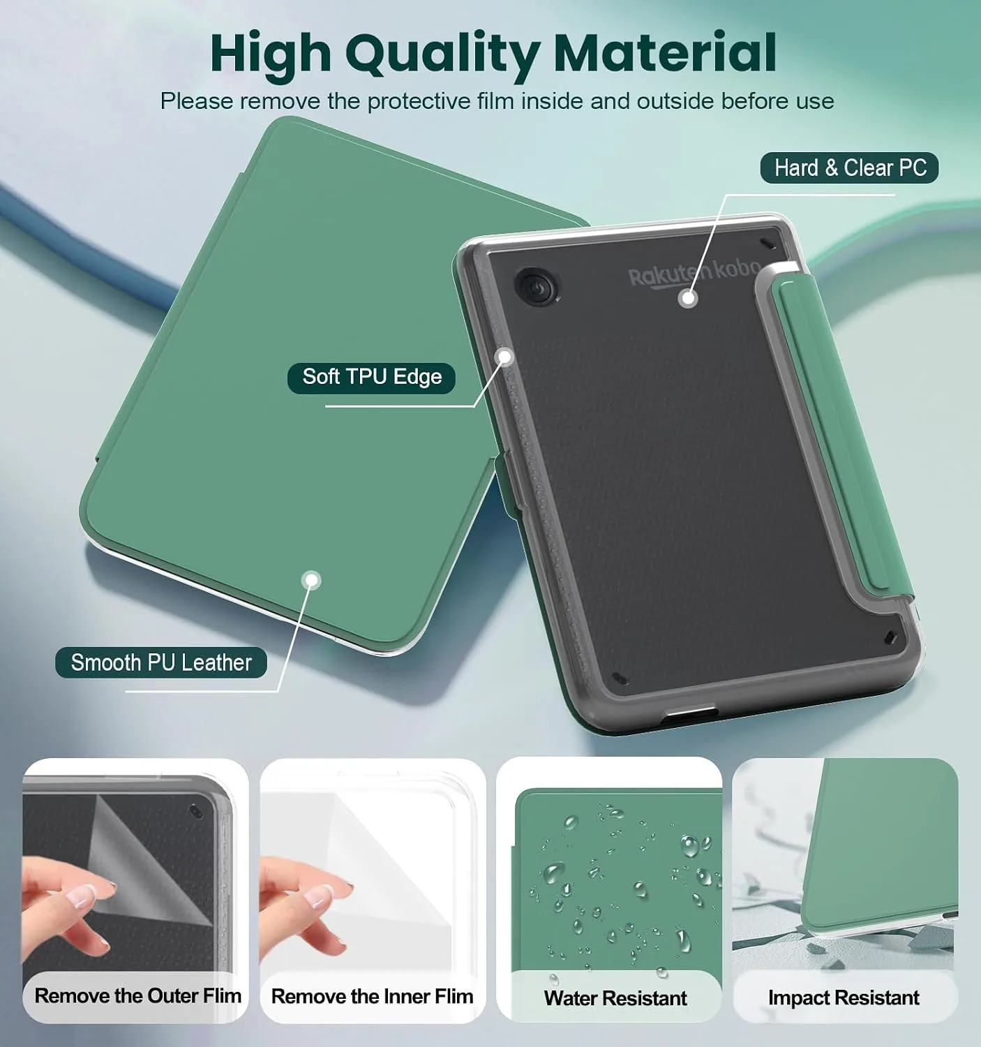 E NET-CASE Detachable Magnetic Case for 6" Kobo Clara Colour (2024) /Clara BW (2024) /2E (2022) eReader, Ultra Clear Back Scratch-Proof Light丨Easy to Detach & Attach丨Auto Sleep/Wake (Green)