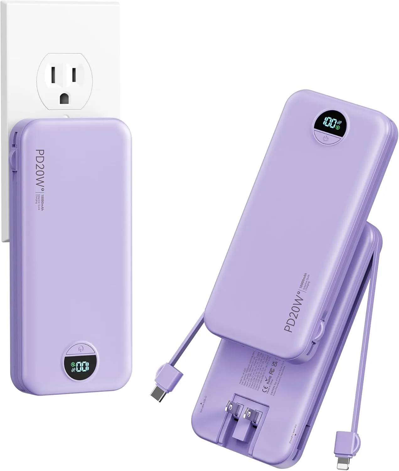 Portable Charger Power Bank 10000mAh with Built in Cables & Wall Plug