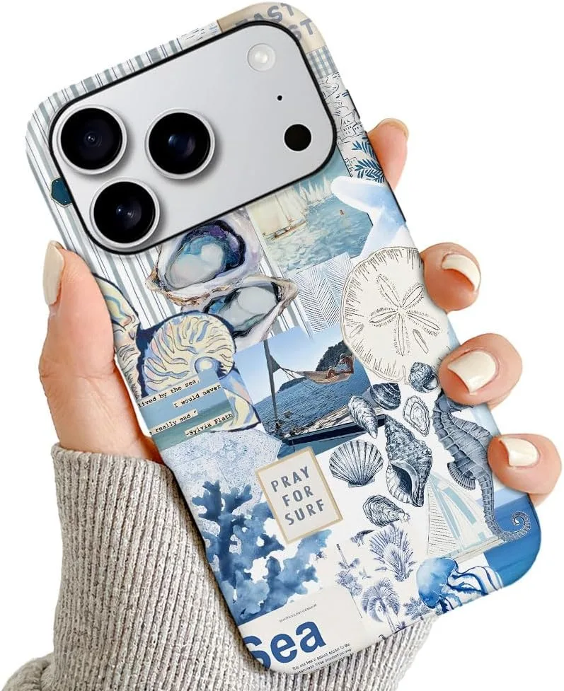 Case Compatible with iPhone 18 Pro/iPhone 17 Pro,Fall Prevention Hybrid 2-Layer Hard Shell Phone Cover for Girls Boys,Seashell Ocean Blue Retro Collage