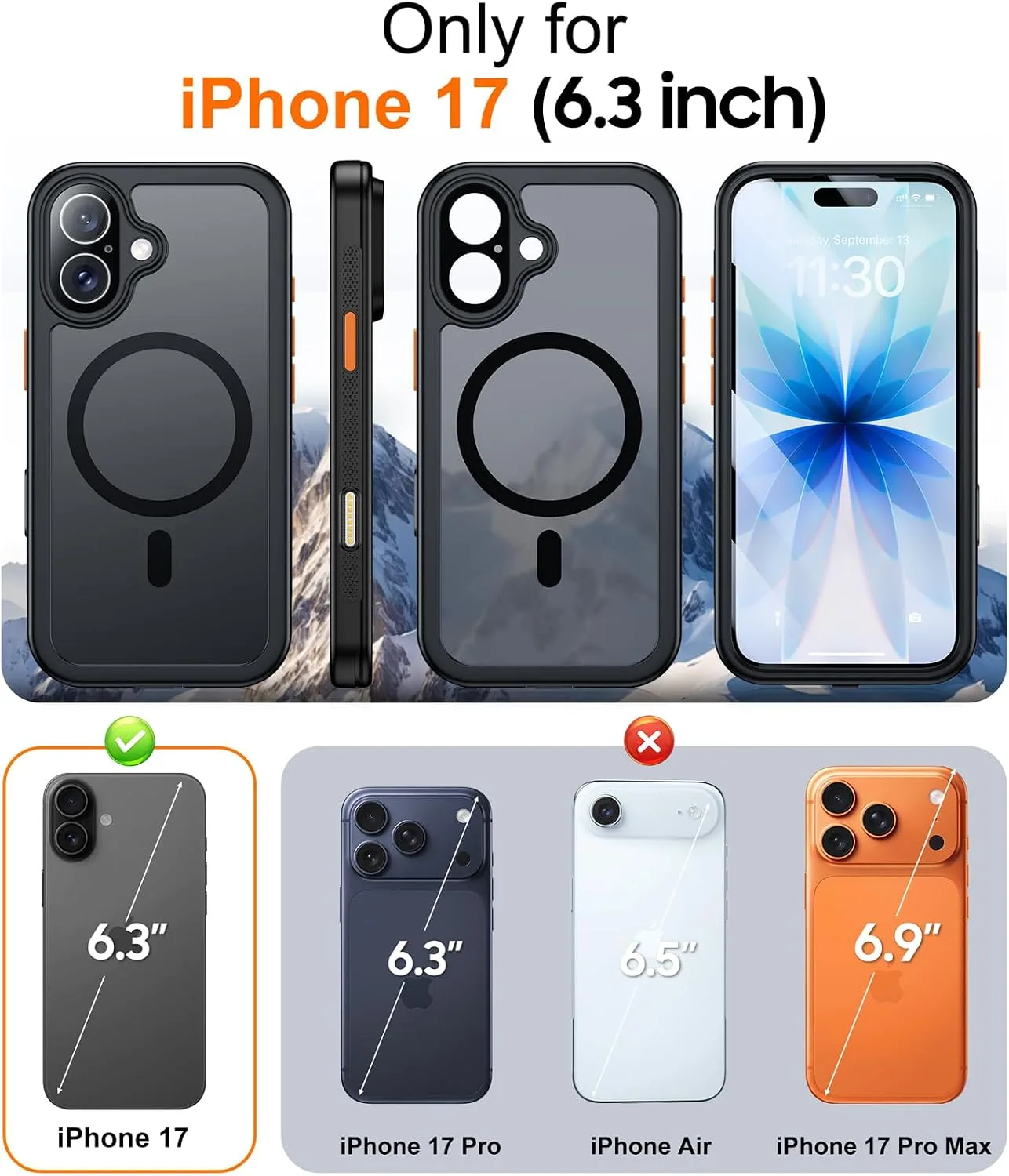 Red2Fire for iPhone 17 Case with Built-in Screen Protector &Camera Protector, Compatible with MagSafe, Military Grade Drop Proof, Full-Body Bumper Shockproof Dustproof Phone Cover 6.3" Black