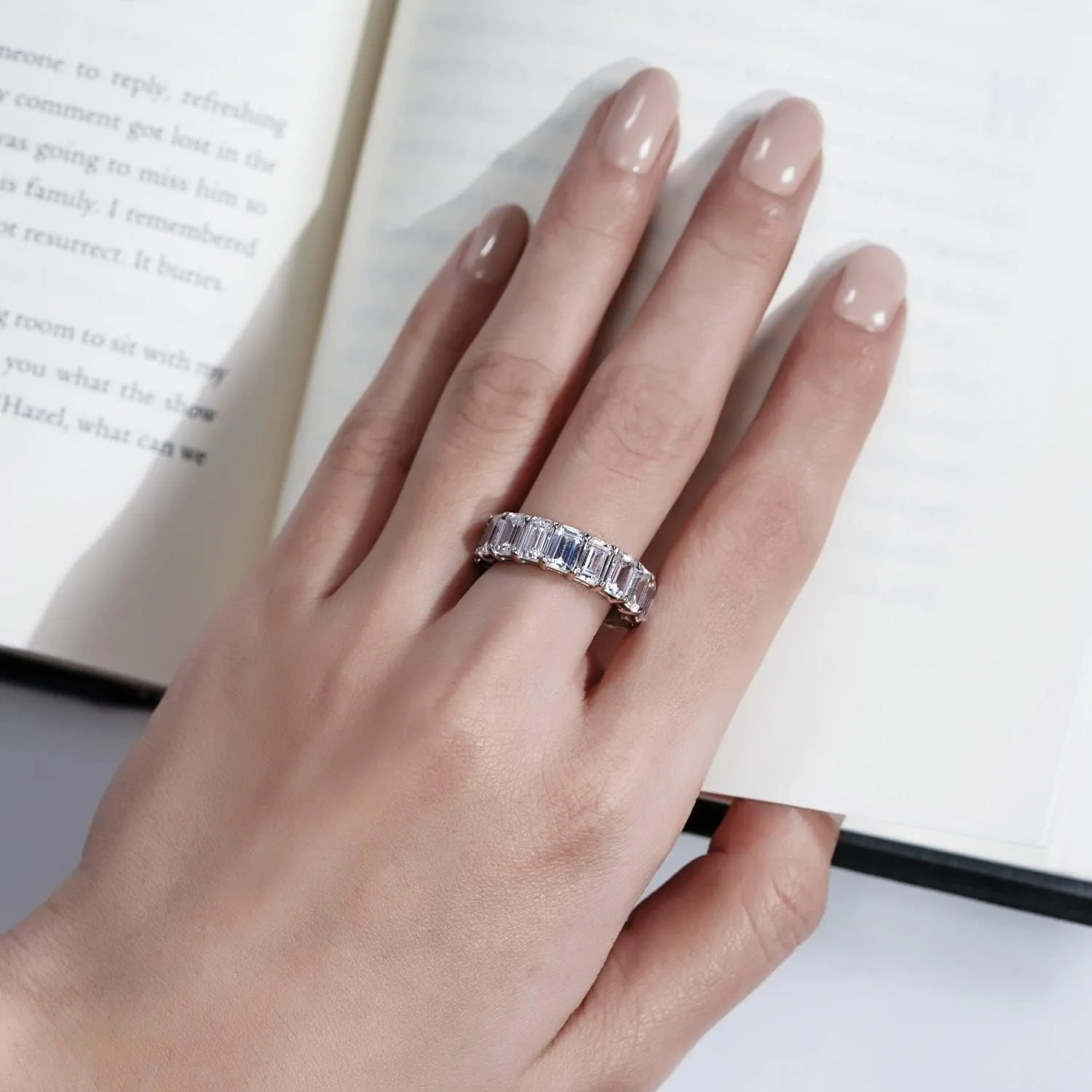 DIAMONBLISS Marilyn Monroe Eternity Ring For Women 14K Yellow Gold, Rose Gold, Platinum Plated 925 Sterling Silver Infinity Band | 10.30 Carats Emerald Cut Cubic Zirconia CZ Diamond Stimulant