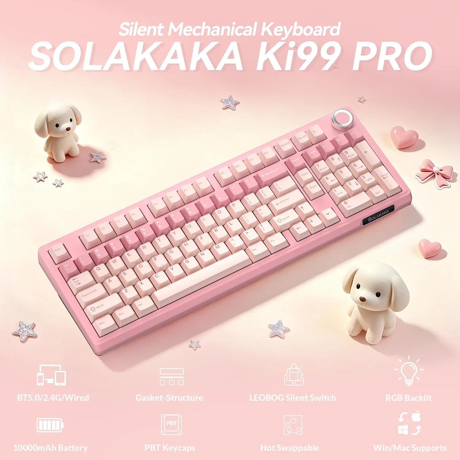SOLAKAKA KI99 Pro 96% Wireless Mechanical Keyboard (Pink, Silent Switch)