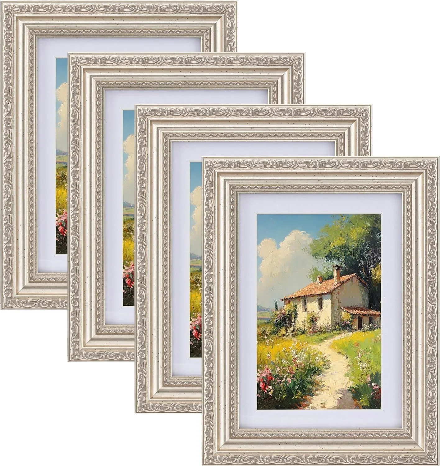 eletecpro 5x7 Vintage Picture Frame, Glass Cover, Silver Beige, 4-Pack