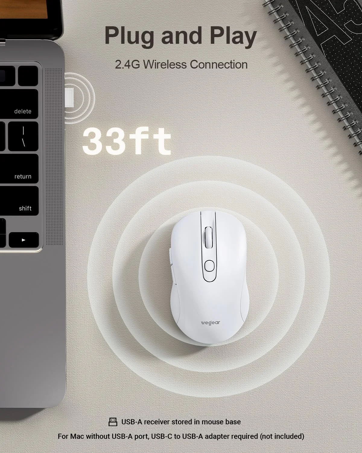 wegear USB Wireless Mouse for Laptop PC Mac, 2.4GHz Cordless Mouse-White