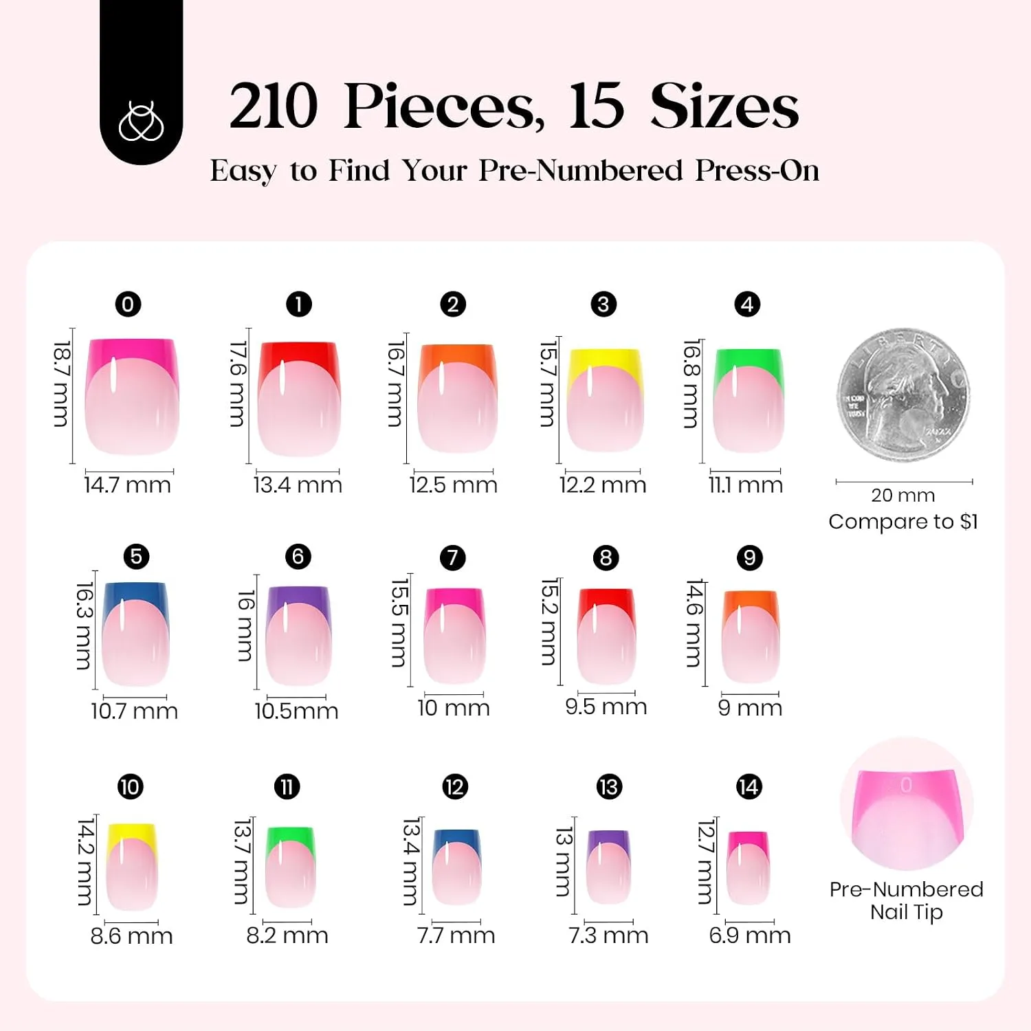 Beetles French Tip Press On Nails - Short Square 210 Pcs 7 Colors