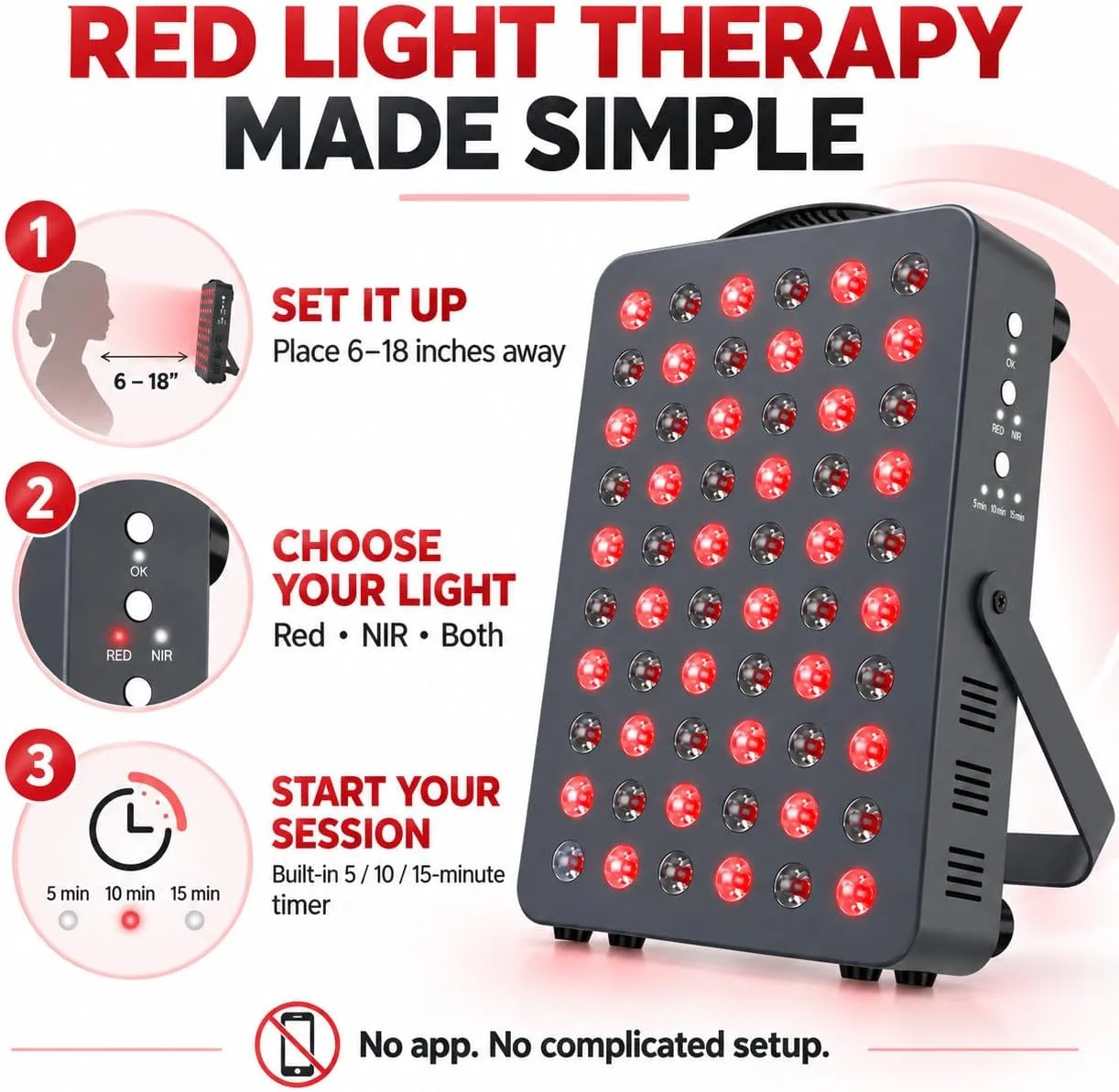 Hooga HG300 Red Light Therapy Panel, 660nm Red & 850nm Near-Infrared Light, 60 LEDs, Built-in Timer, Adjustable Stand for Home Wellness