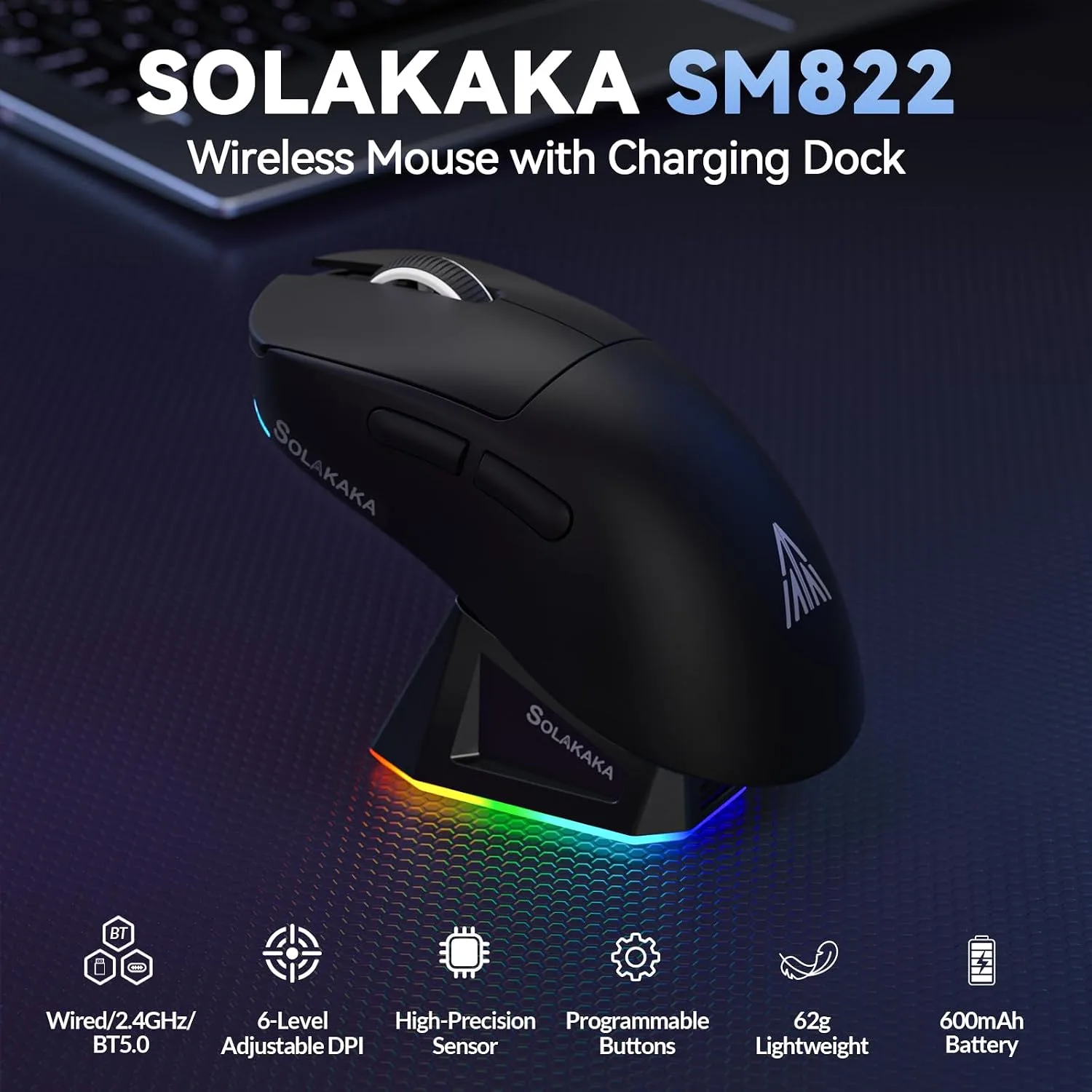 SOLAKAKA SM822 Wireless Gaming Mouse with Charging Dock, Tri-Mode Wireless Mouse, PAW3311 Optical Sensor, Up to 24,000DPI, 62g Lightweight Mouse with 5 programmable Buttons, for PC, Laptop (Black)